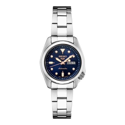 Ladies Seiko 5 Sports Automatic Silver-Tone Stainless Steel Watch, Blue Dial