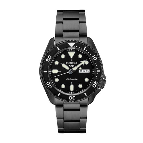 Mens Seiko 5 Sports Automatic Black Stainless Steel Watch, Black Dial