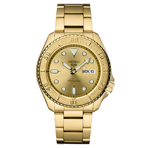 Mens Seiko 5 Automatic Gold-Tone Stainless Steel Watch, Gold Dial