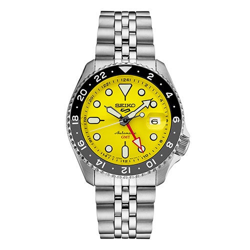 Men's Seiko 5 Sports SKX Automatic GMT Silver-Tone SS Watch, Yellow Dial