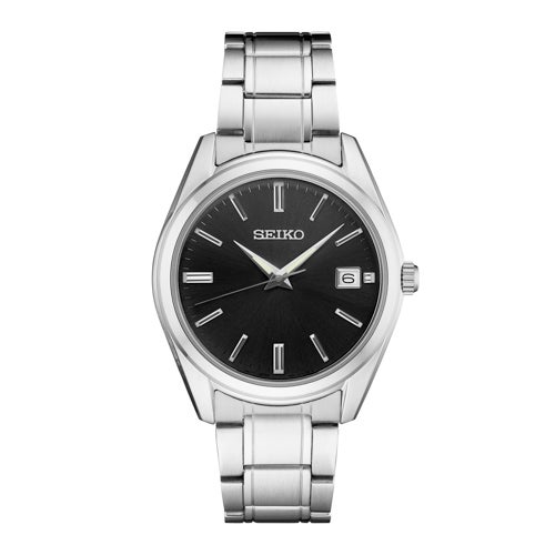 Mens Essentials Silver-Tone Stainless Steel Watch, Black Dial