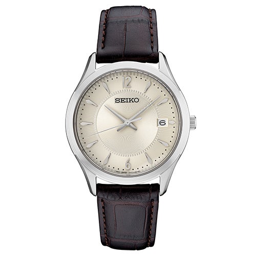 Mens Essentials Silver & Brown Leather Strap Watch, White Dial
