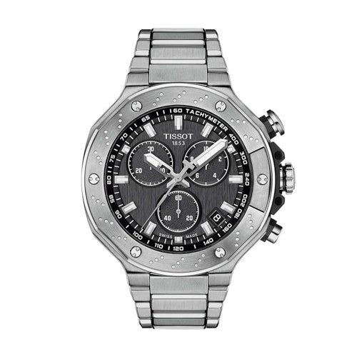 Mens T-Race Chronograph Gray Stainless Steel Watch, Black Dial