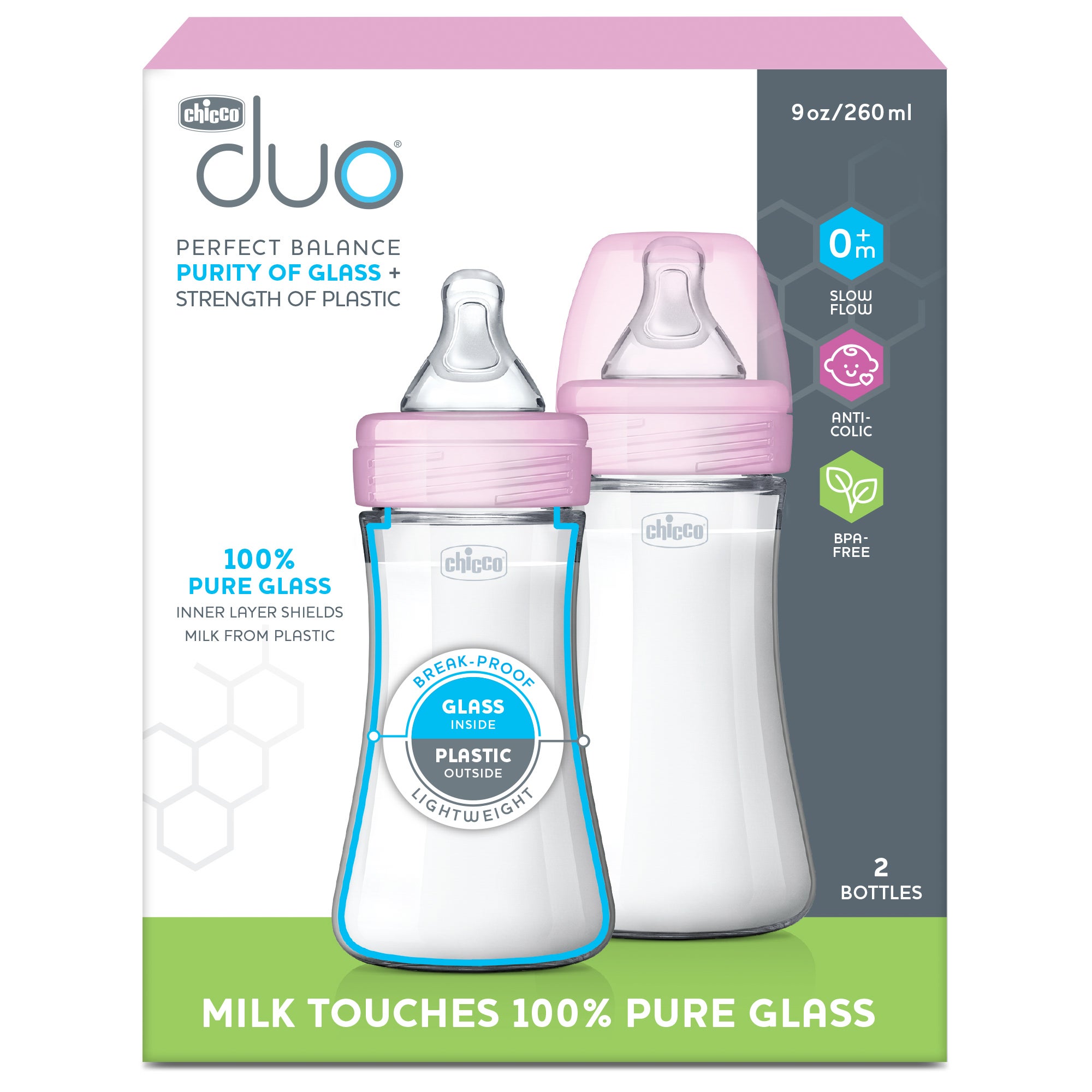 Duo 9oz Hybrid Baby Bottle - 2-Pack Pink