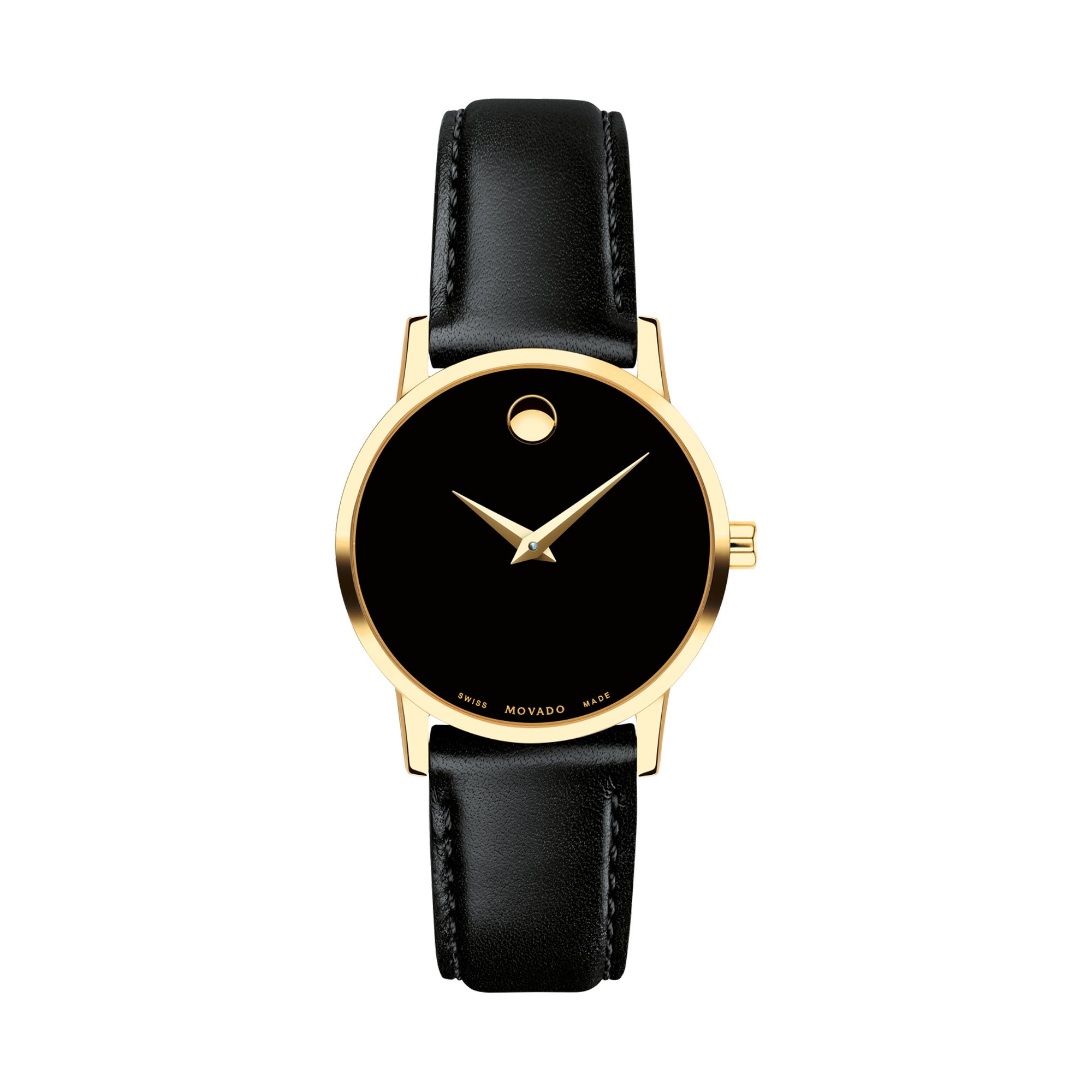 Ladies Museum Classic Gold & Black Leather Strap Watch Black Dial