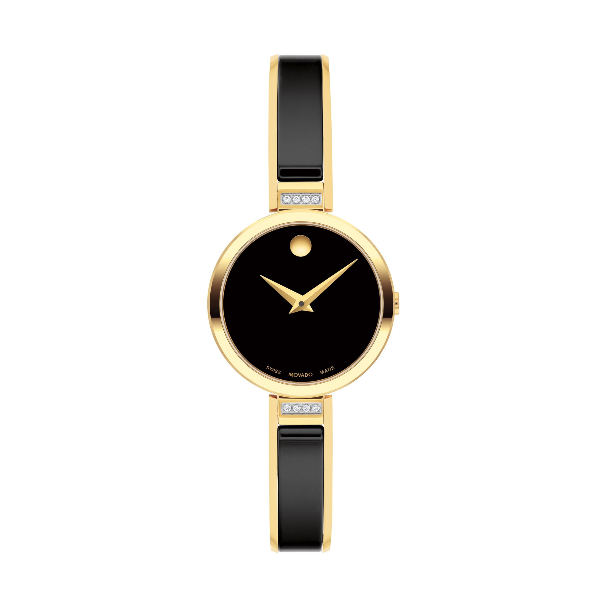 Ladies Moda Black & Gold-Tone SS Bangle Watch w/ Diamond Lugs Black Dial
