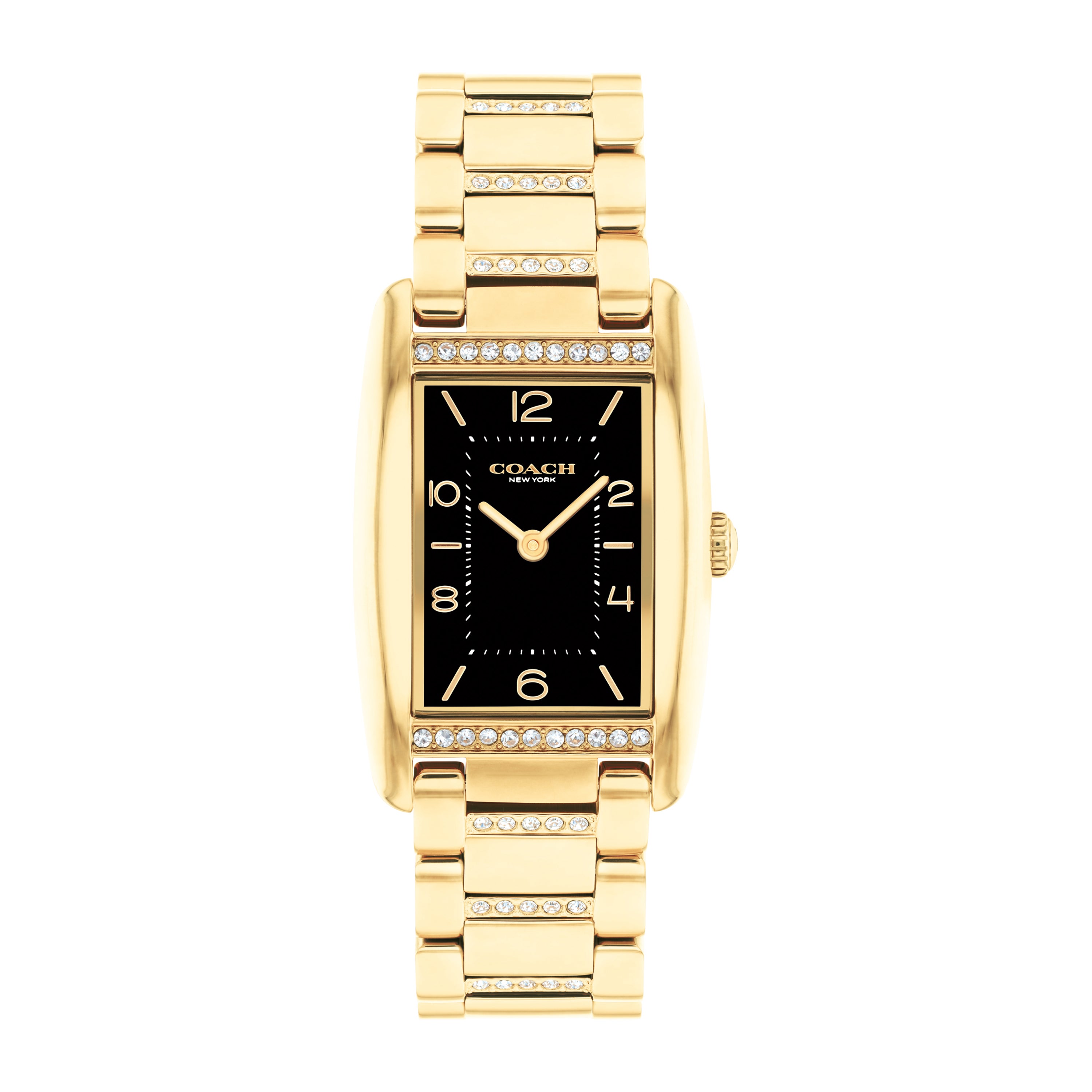 Ladies' Reese Rectangle Gold-Tone Stainless Steel Crystal Watch, Black Dial