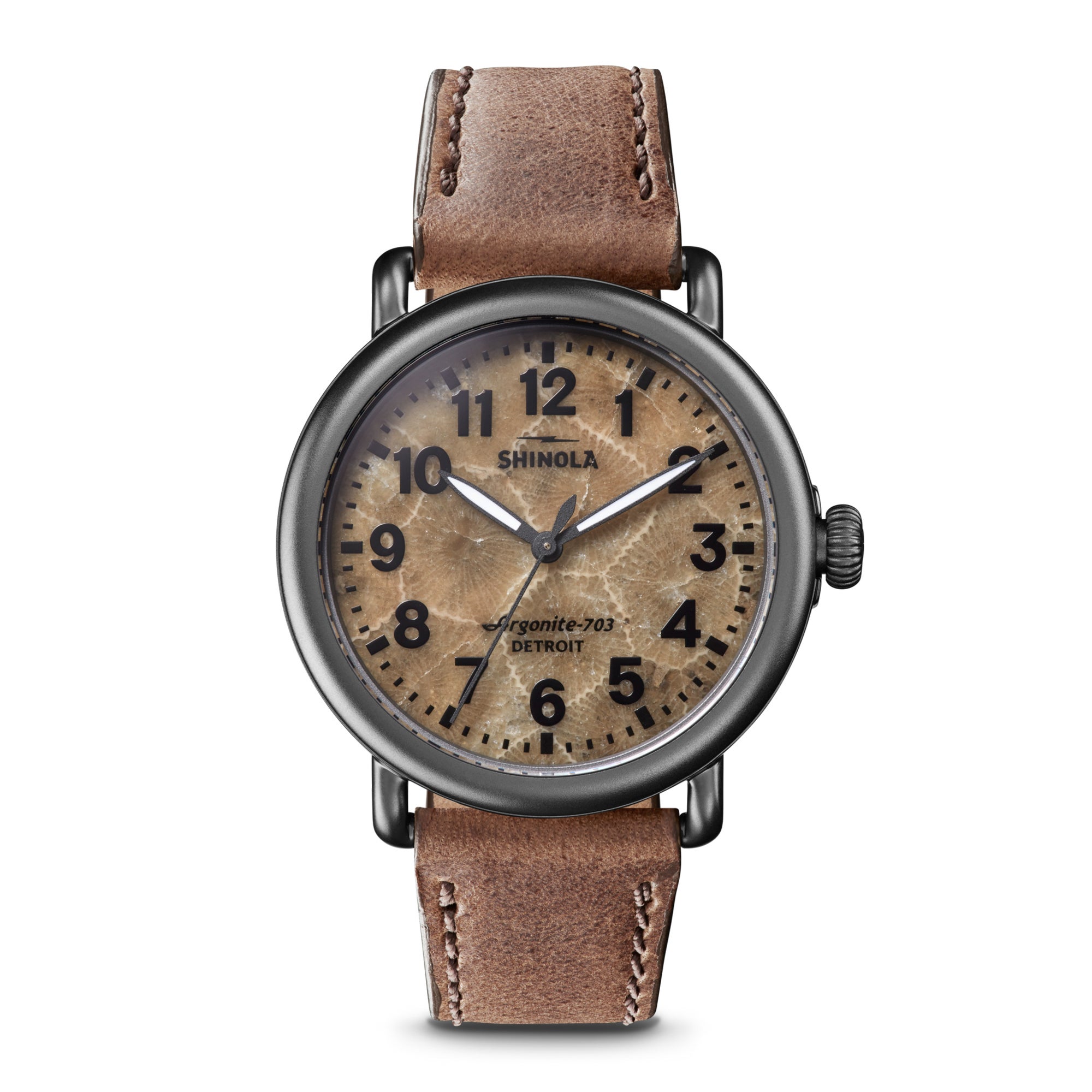 Mens Runwell British Tan Leather Strap Watch Petoskey Stone Dial