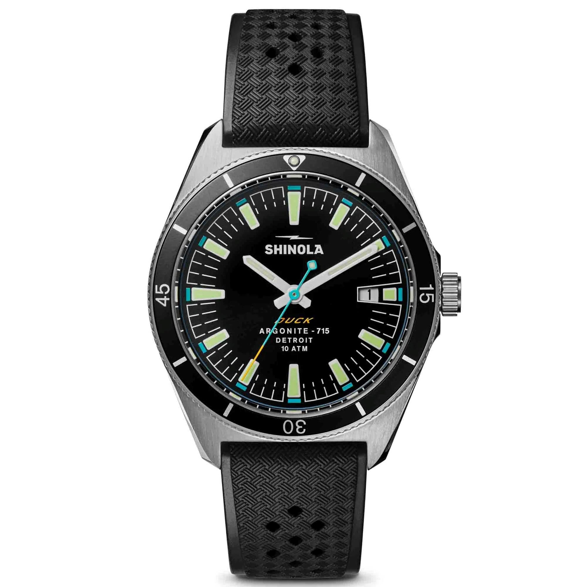 Mens The Duck 1040 Silver & Black Rubber Strap Watch Black Dial