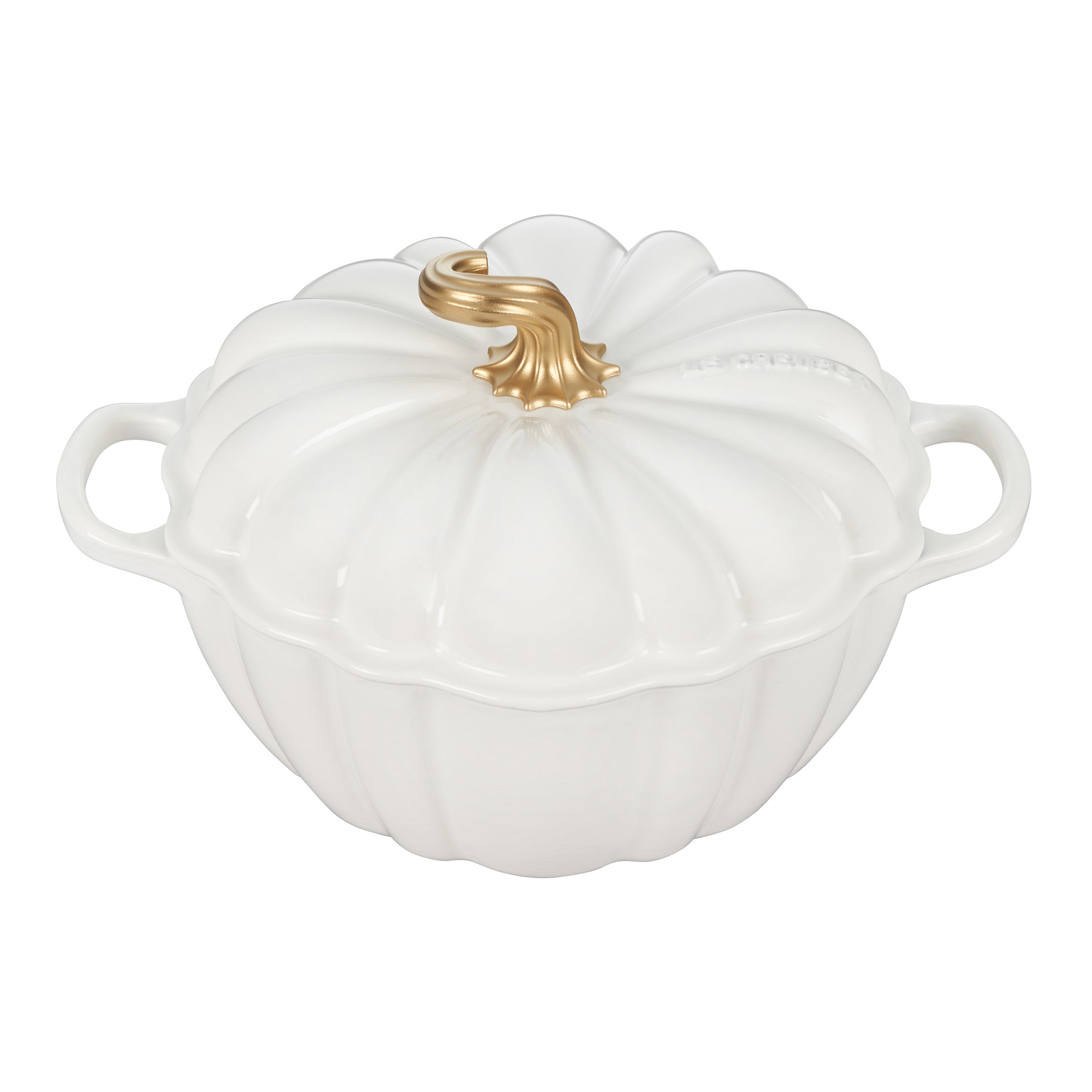 4qt Cast Iron Pumpkin Cocotte w/ Gold Stem Lid White