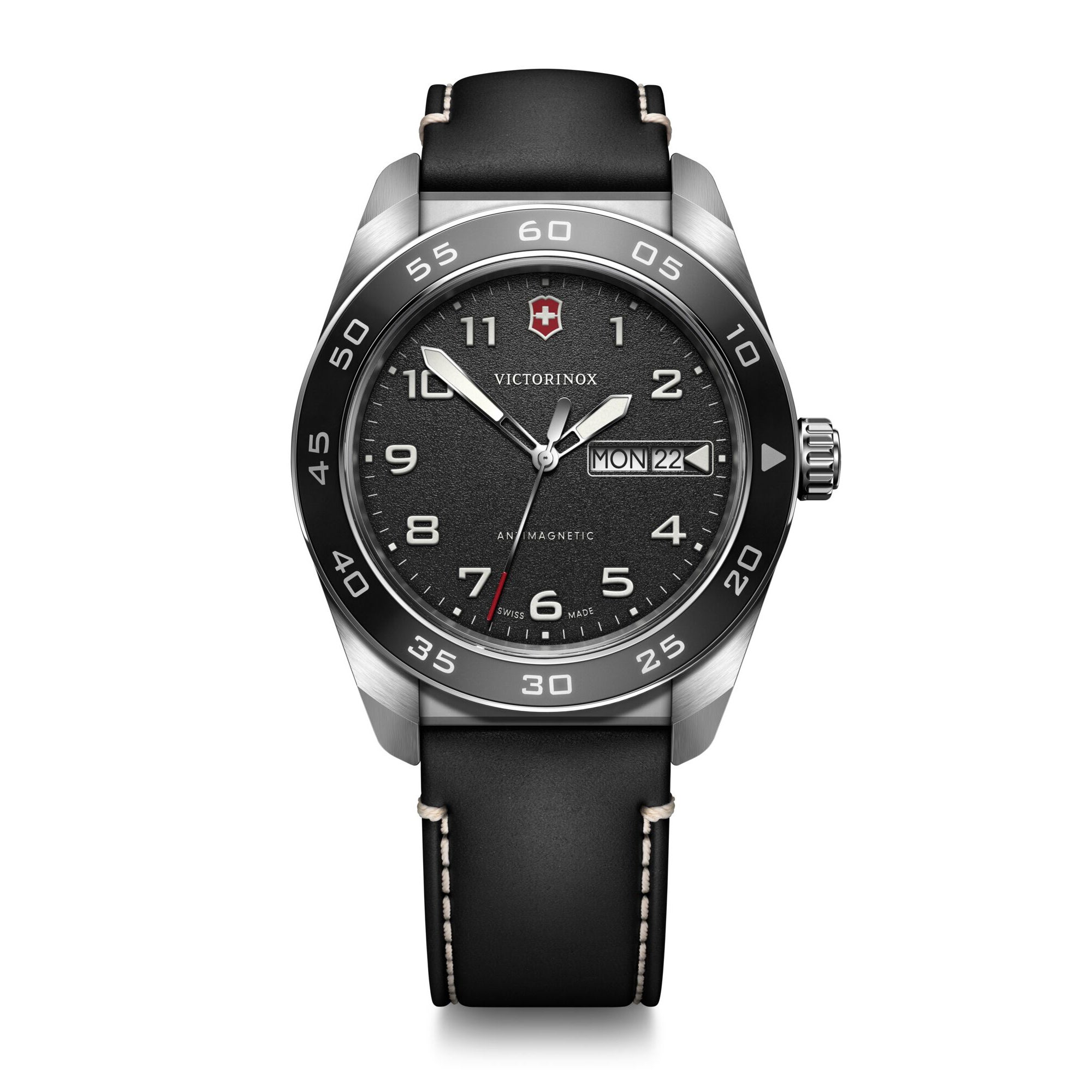 Mens Swiss Army Quartz Silver & Black Leather Strap Watch Black Dial