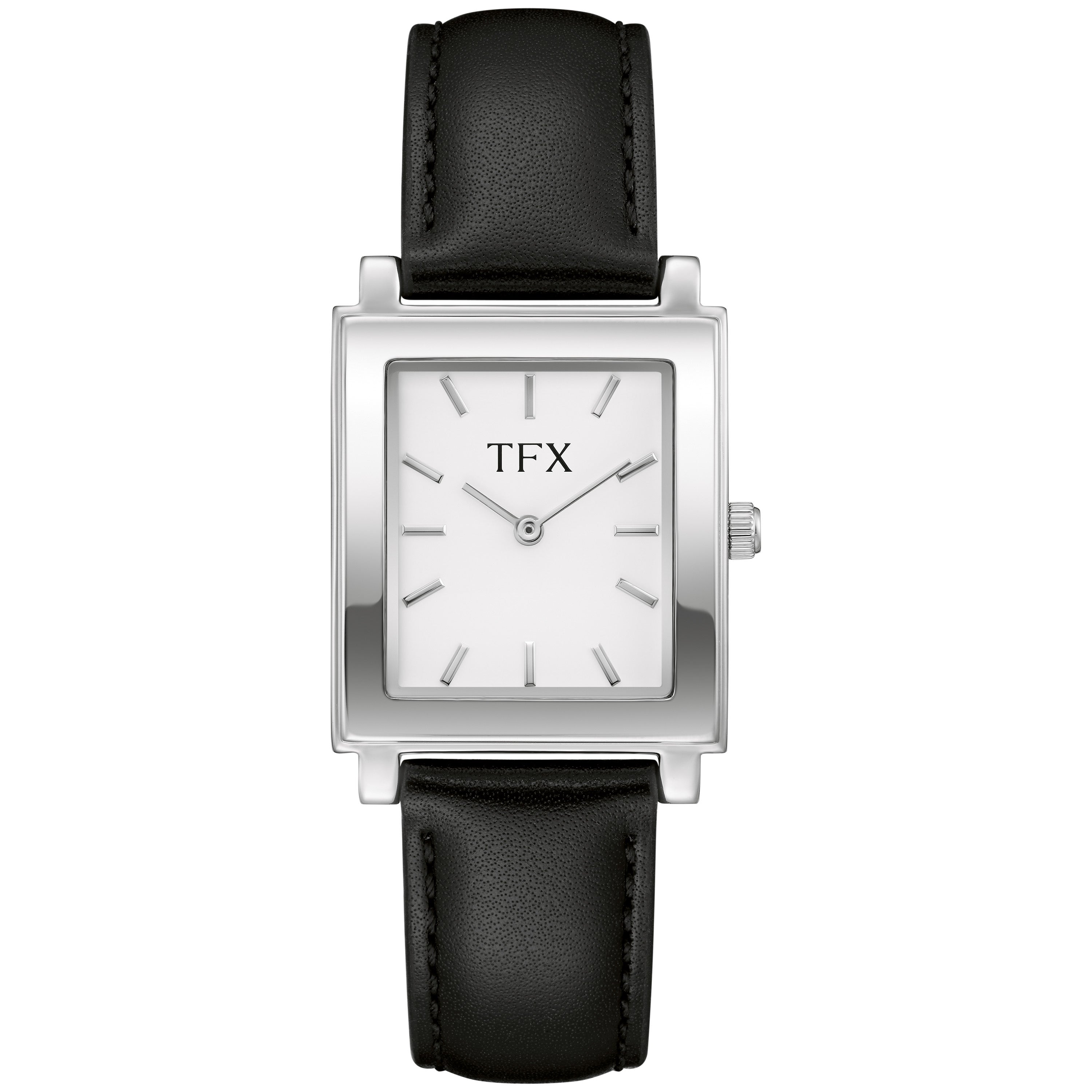 TFX Mens Silver & Black Leather Strap Rectangle Watch White Dial