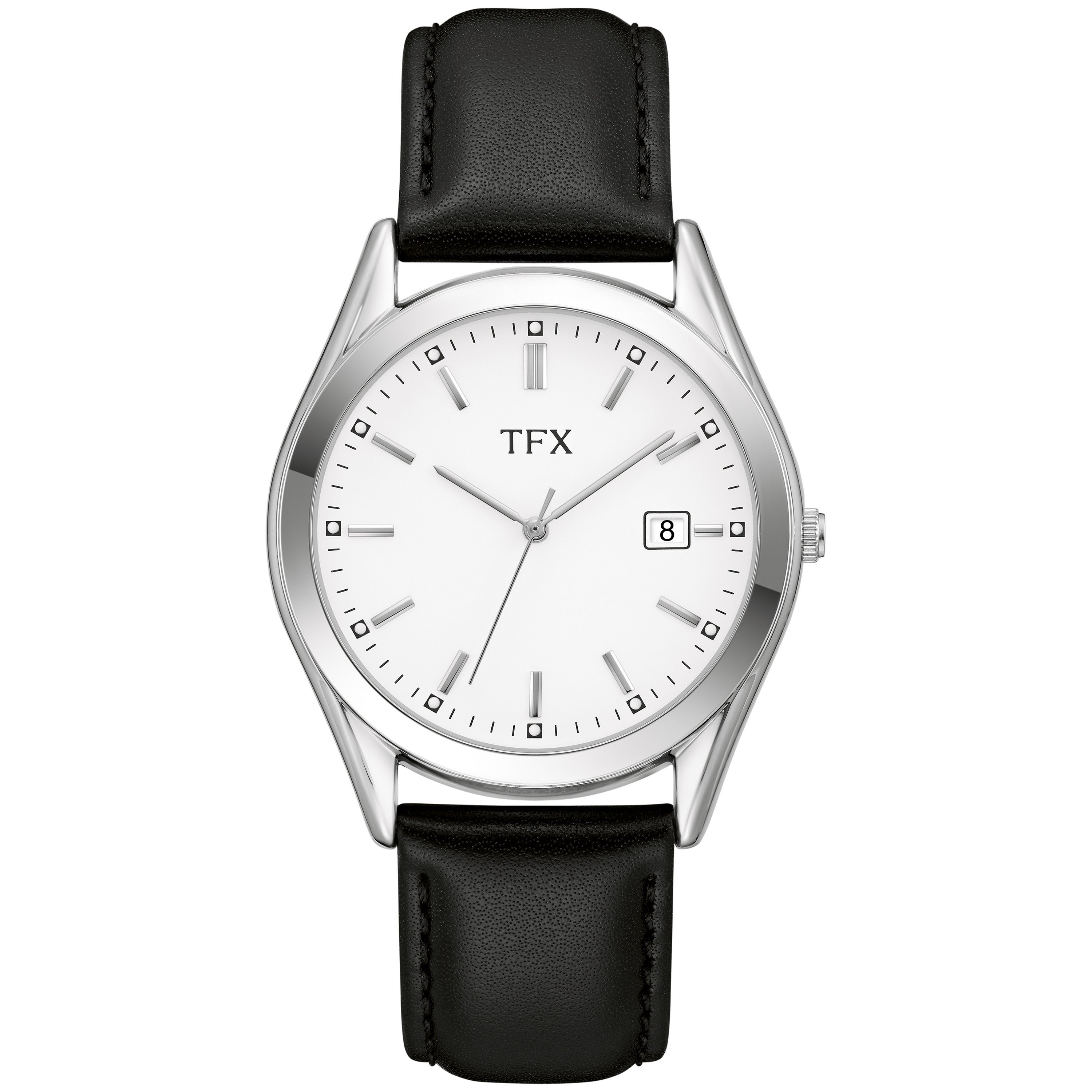 TFX Mens Silver & Black Leather Strap Watch White Dial