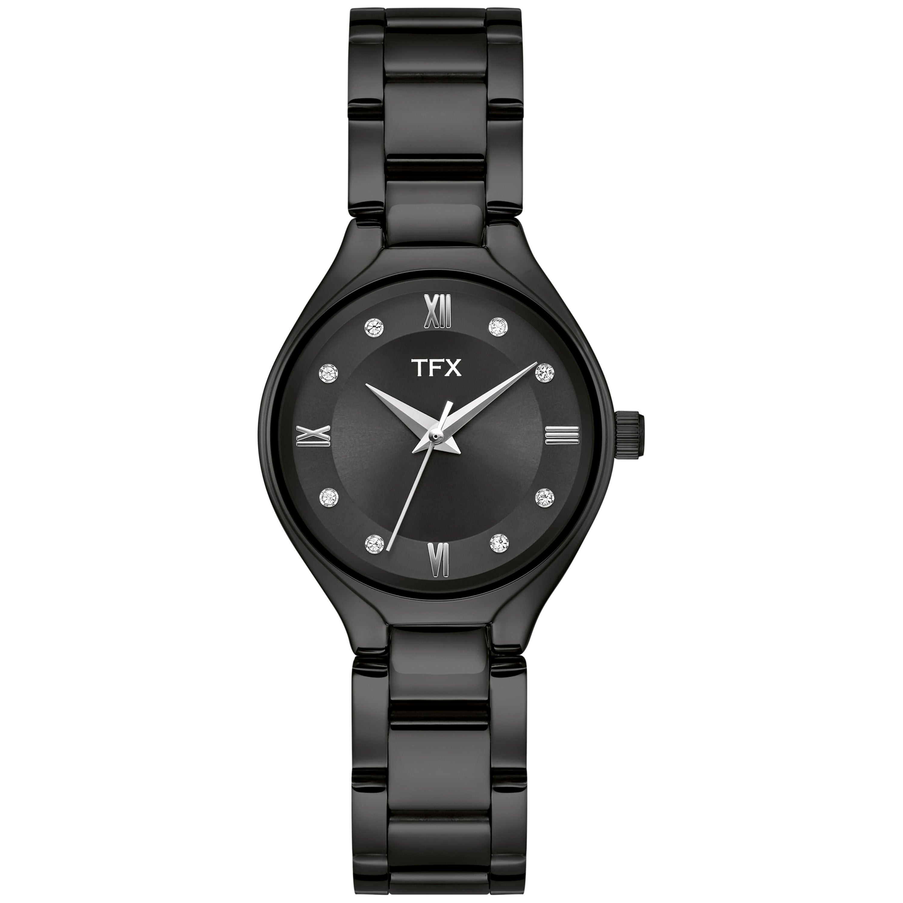 Ladies' TFX Black IP Stainless Steel Watch w/ Crystal Markers, Black Dial