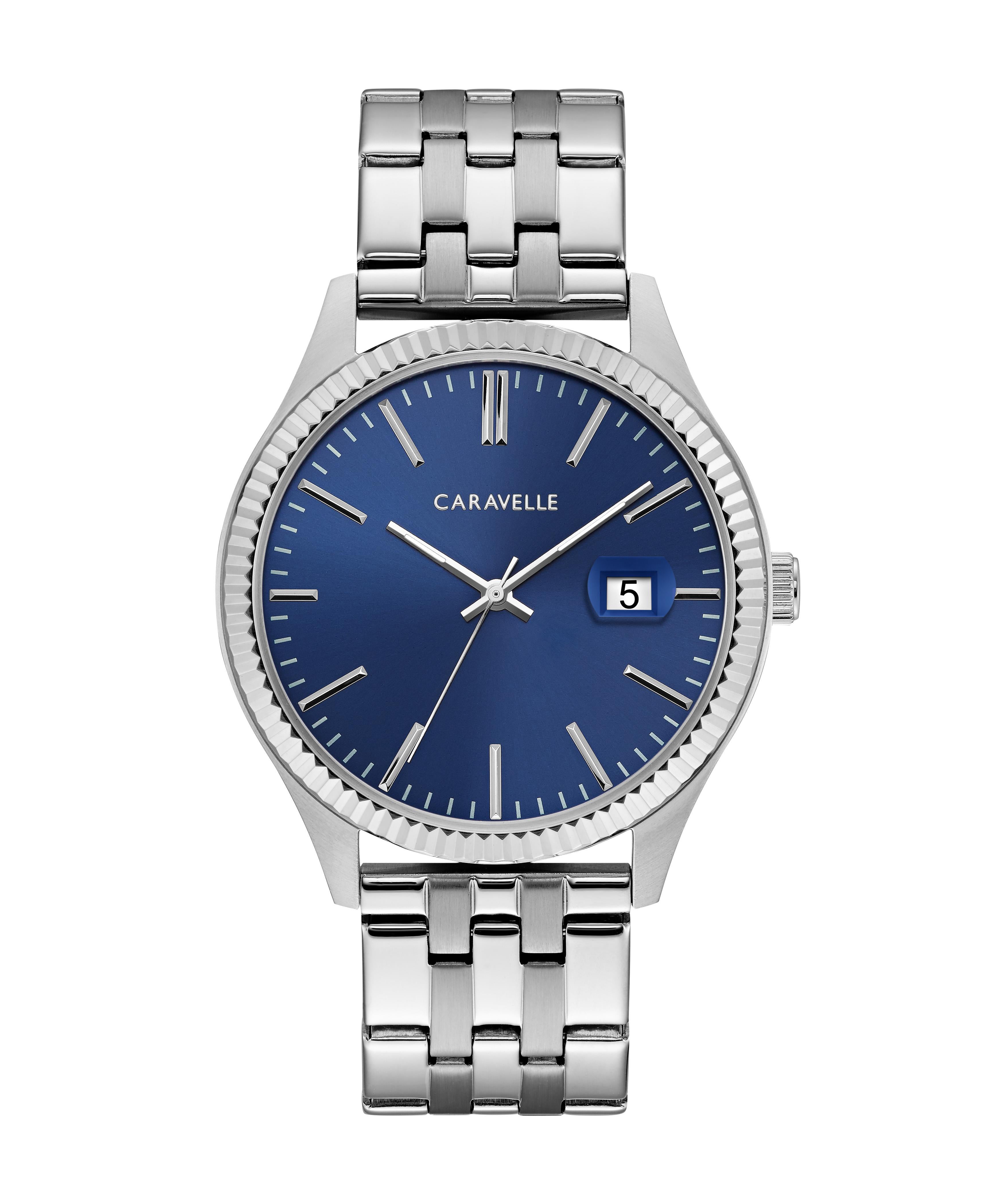 Men's Silver-Tone Stainless Steel Watch, Dark Blue Dial