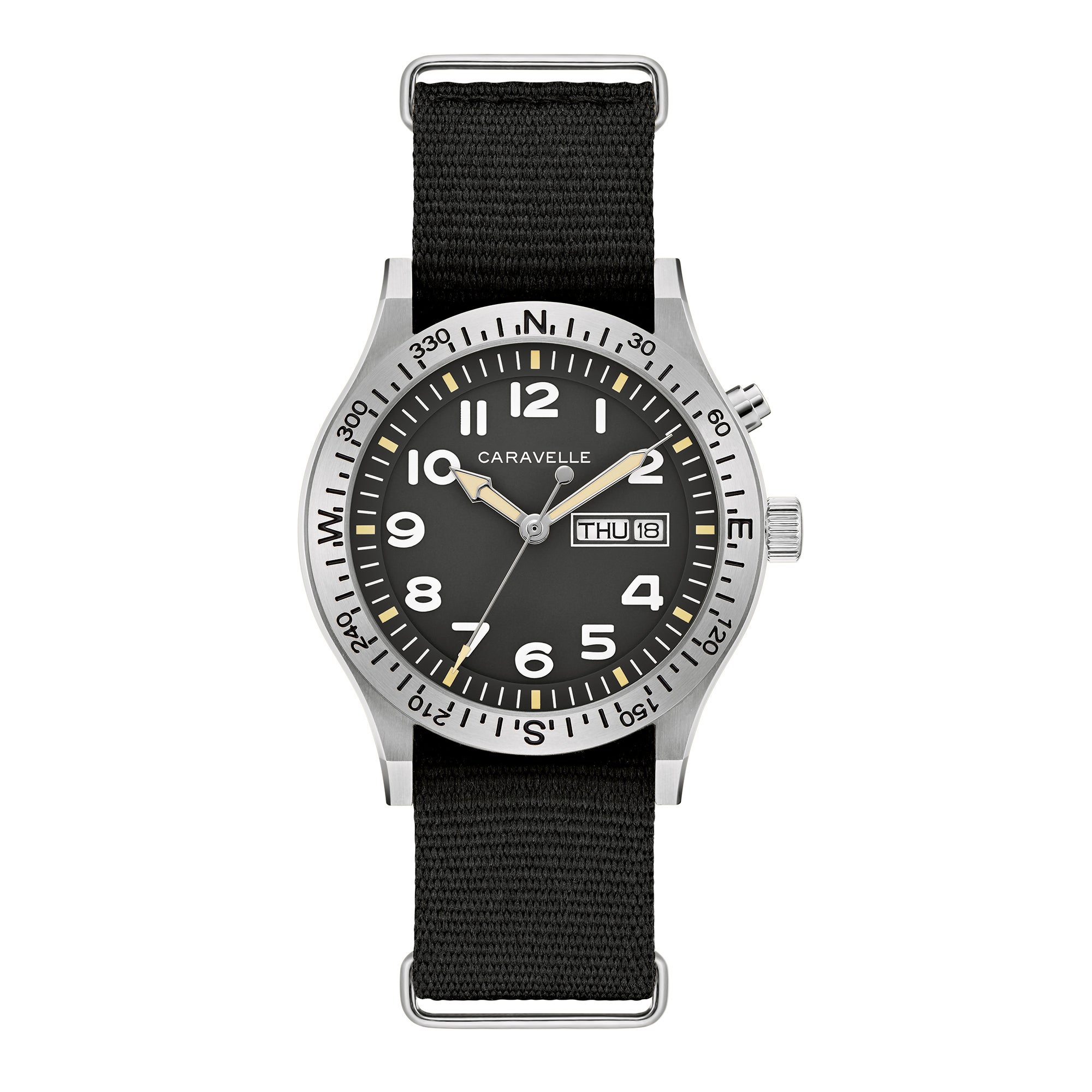Mens Field Light Up Silver & Black Nylon Strap Watch Black Dial