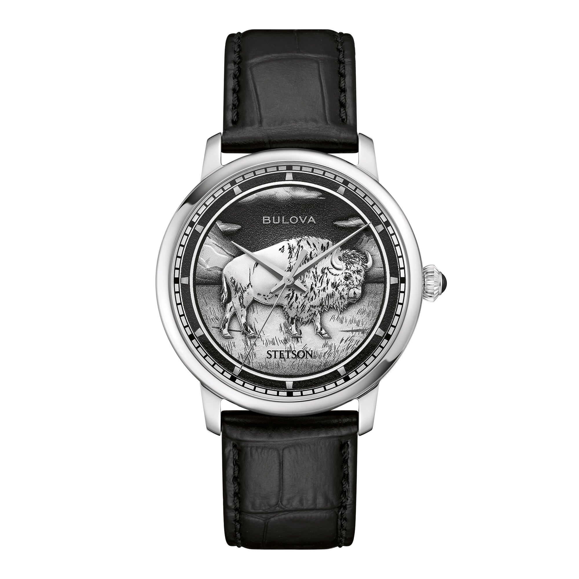 Mens Stetson Bison Automatic Silver & Black Leather Strap Watch Black Dial