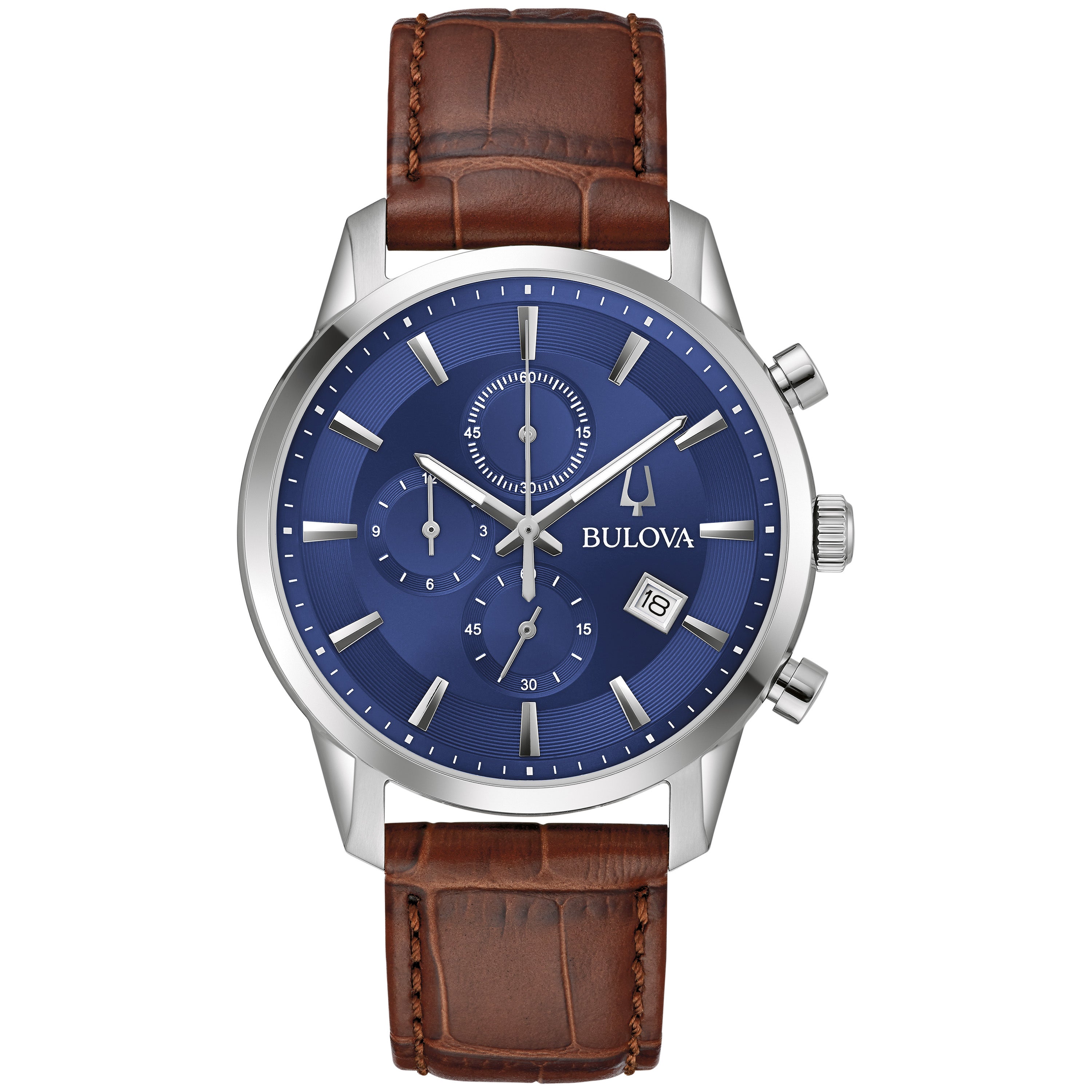 Men's Sutton Chronograph Brown Leather Strap Watch, Blue Dial
