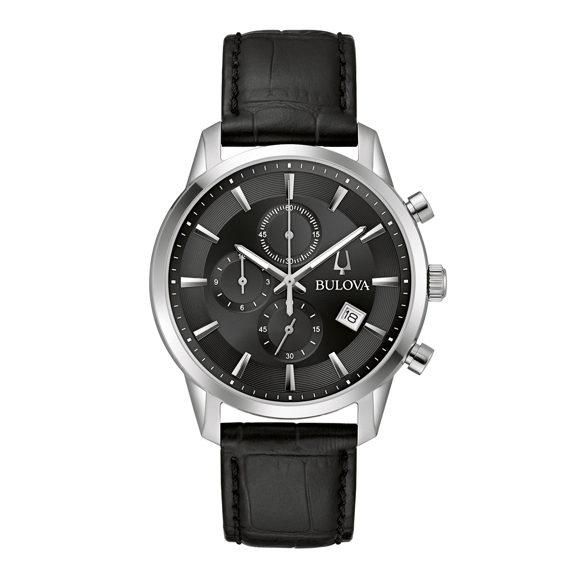 Mens Sutton Chronograph Silver & Black Leather Strap Watch Black Dial