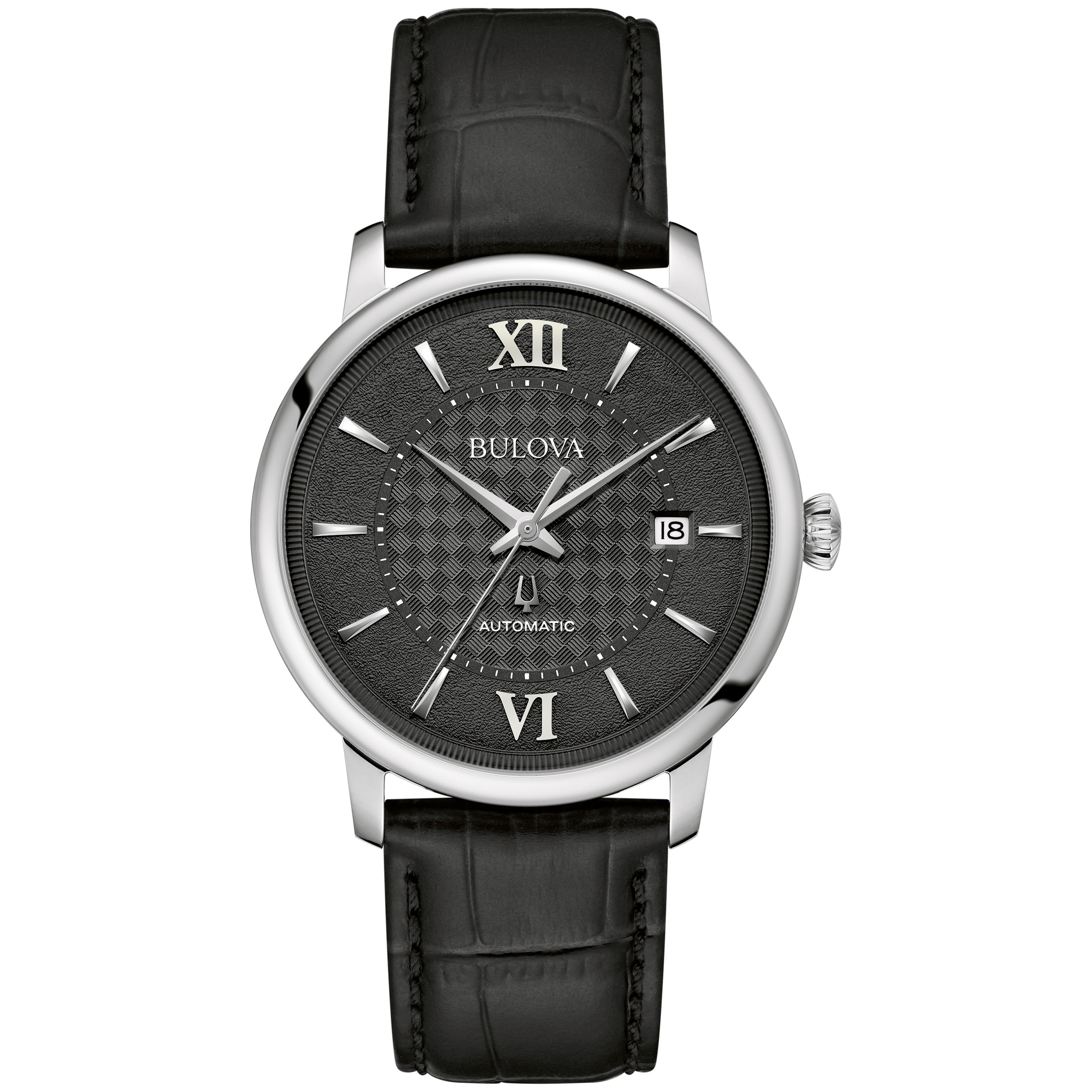 Men's Hudson Automatic Black Leather Strap Watch, Black Basketweave Dial