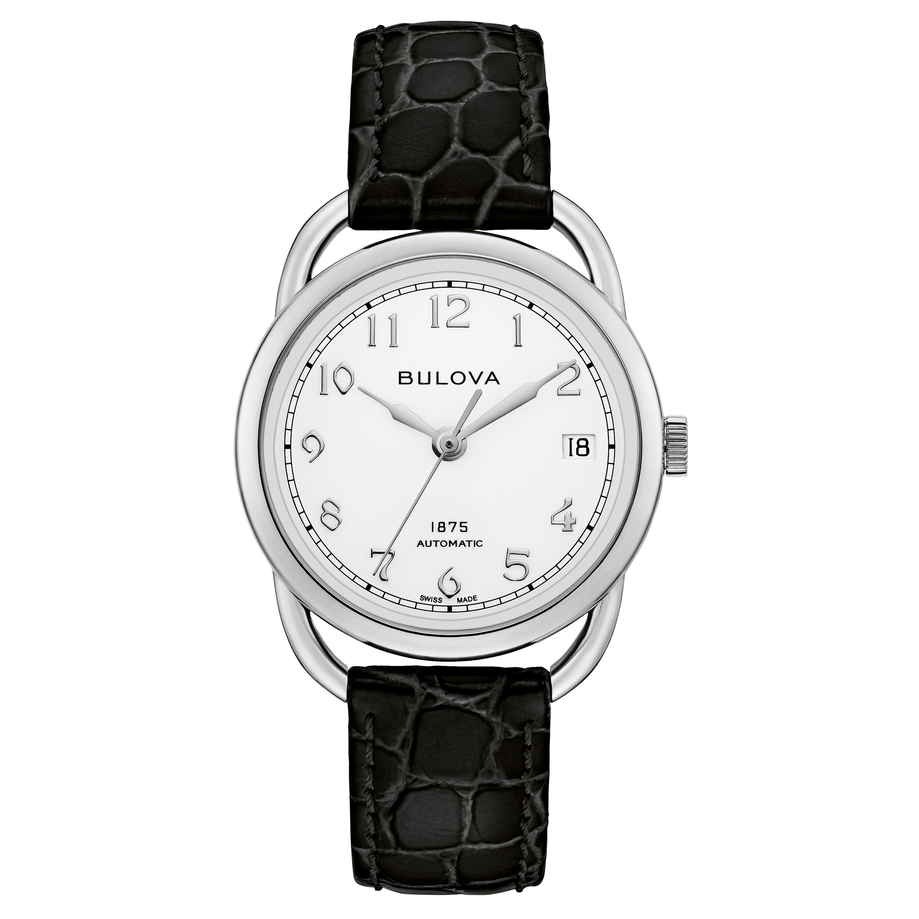 Ladies' Joseph Bulova Commodore Automatic Black Leather Strap Watch, White Dial