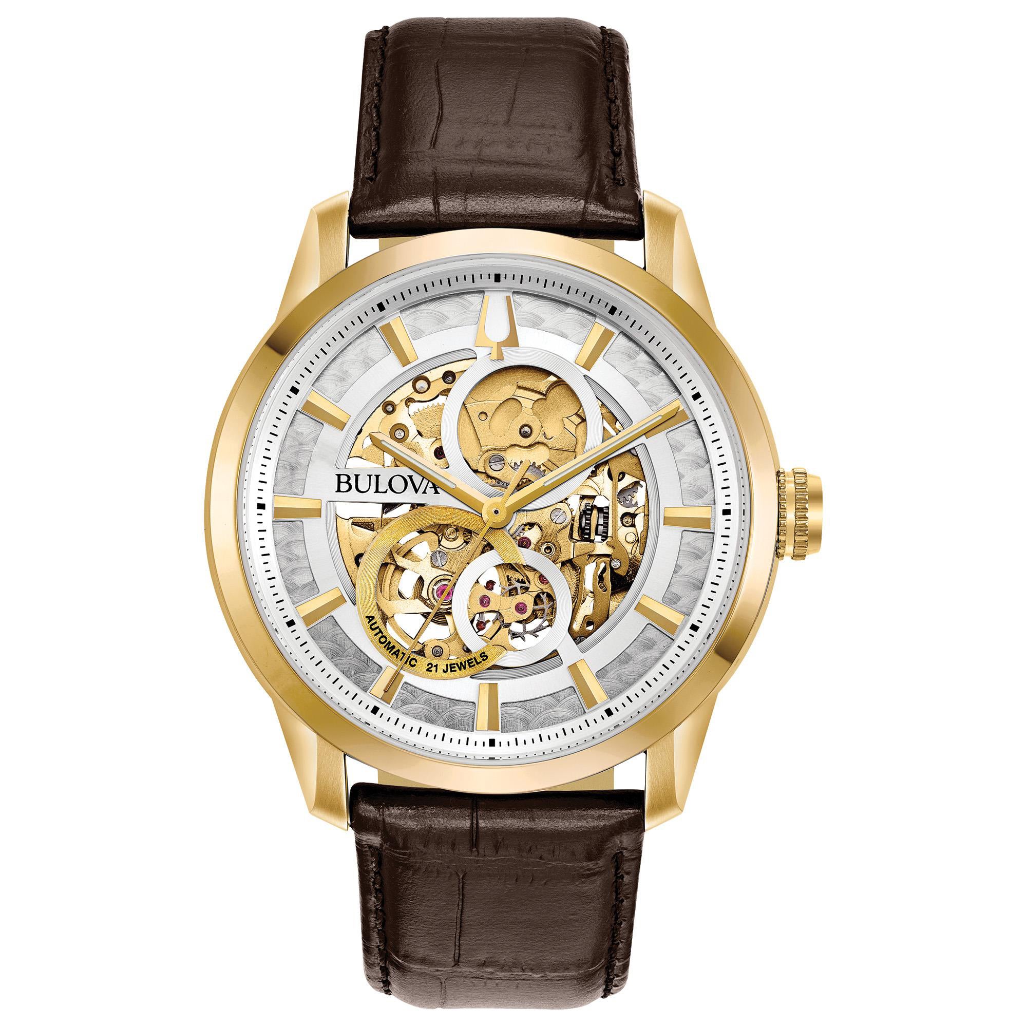 Mens Sutton Automatic Brown Leather Strap Watch Skeleton Dial