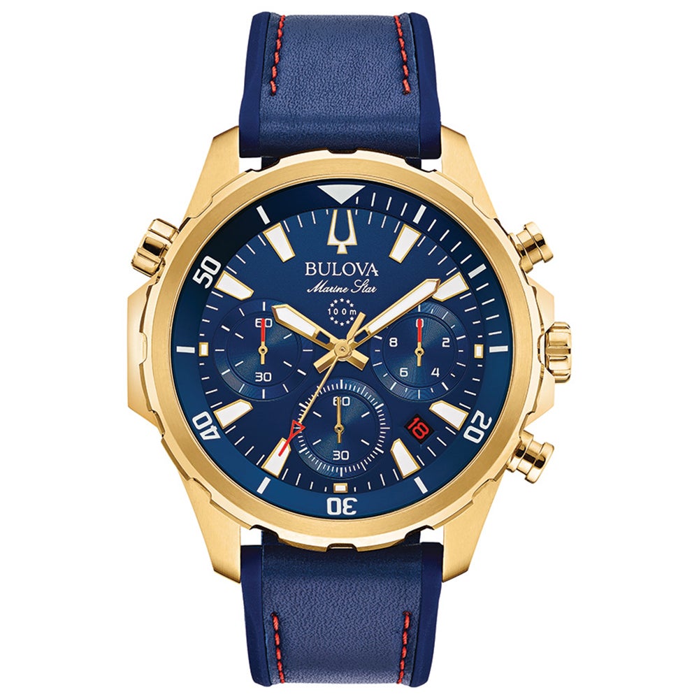 Mens Marine Star Gold & Blue Leather Strap Watch Blue Dial