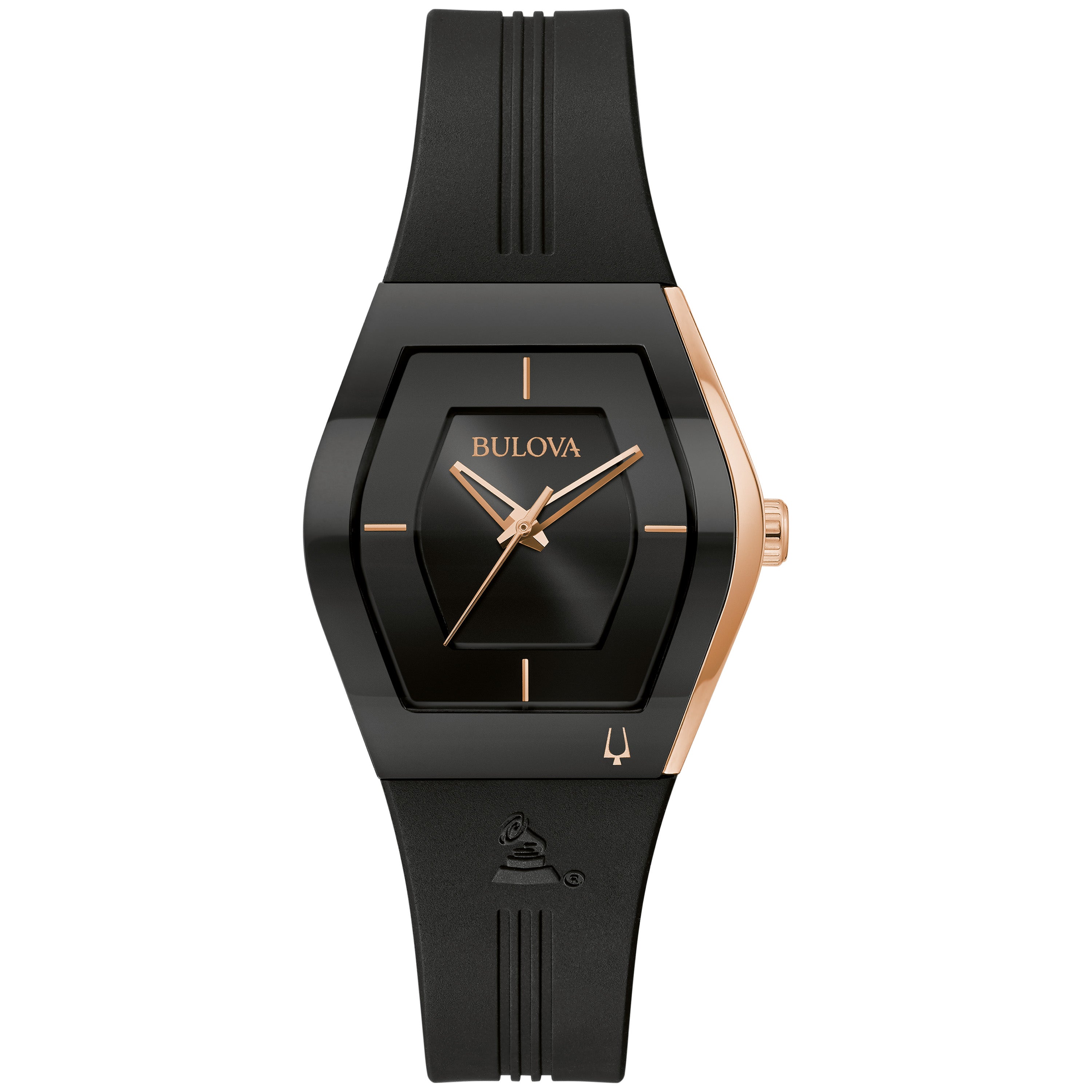 Ladies' Gemini Latin GRAMMY Black & Rose Gold Silicone Strap Watch, Black Dial