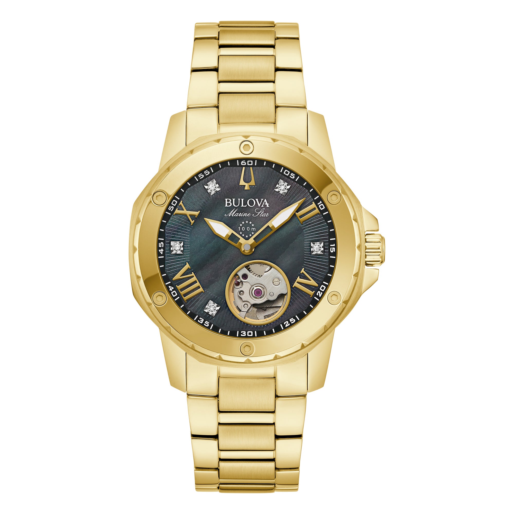 Ladies Marine Star Automatic Gold-Tone Stainless Steel Watch Black MOP Dial