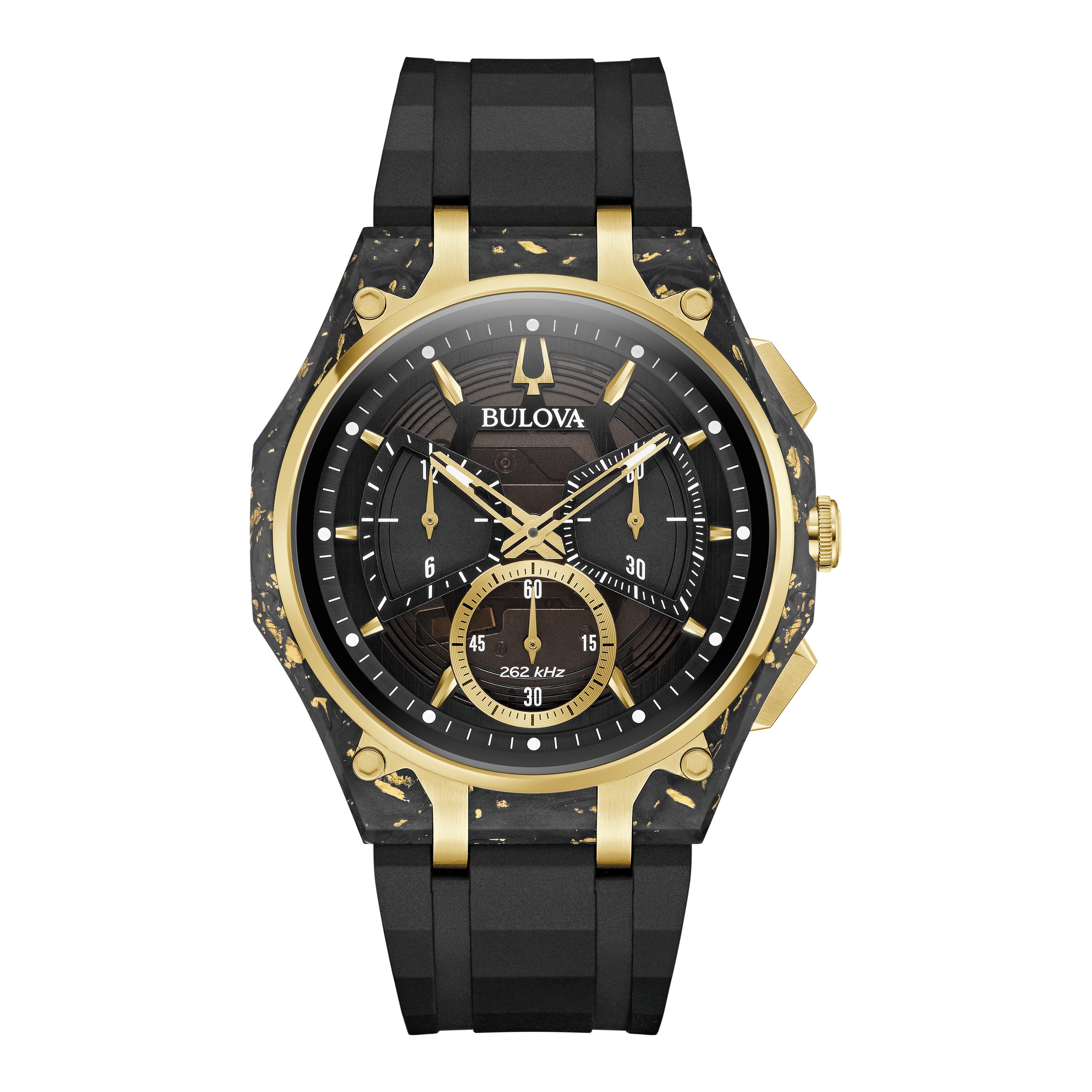 Mens HPQ CURV Forged Carbon Gold & Black HNBR Strap Watch Black Dial