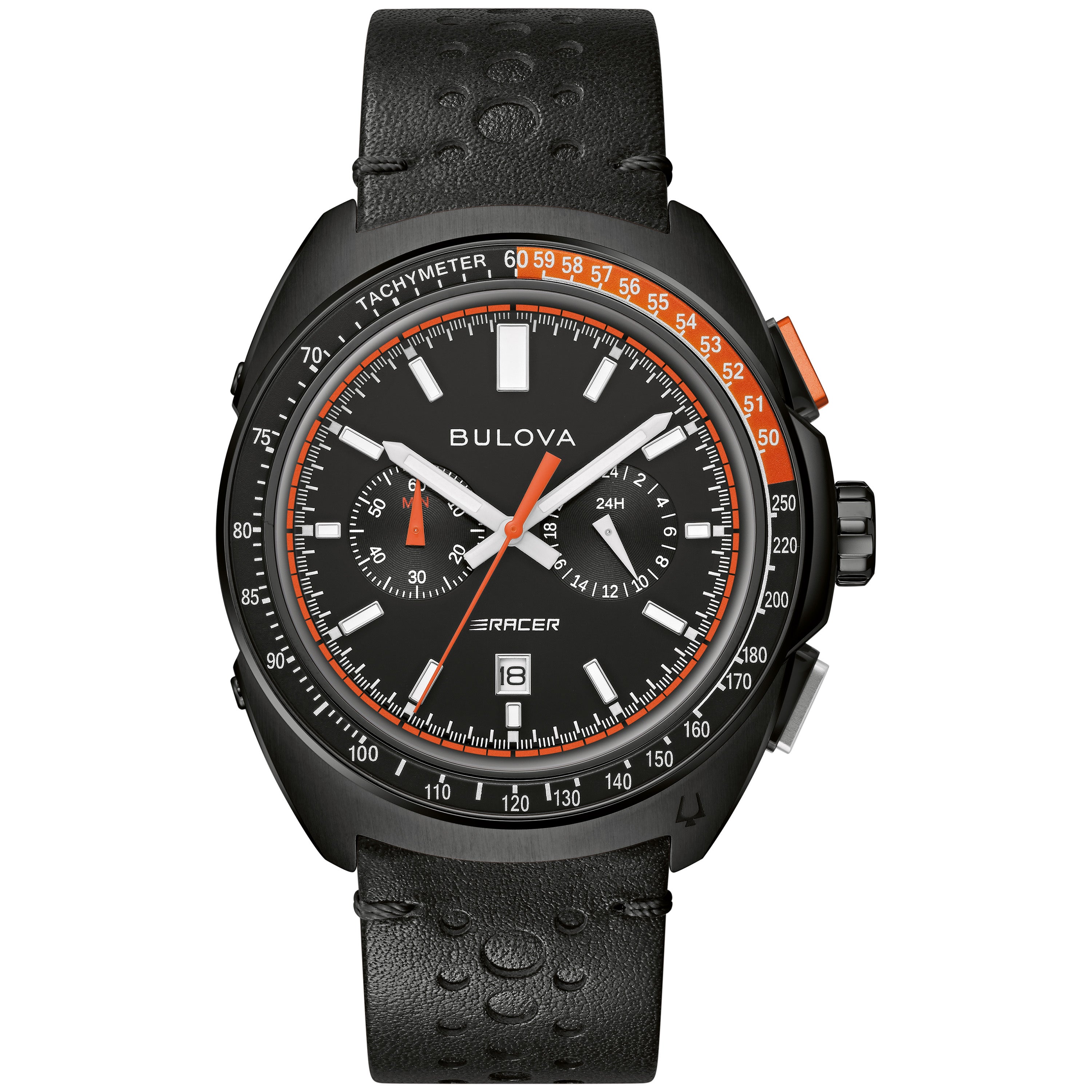 Men's Racer Chronograph Black Leather Strap Watch, Black Dial