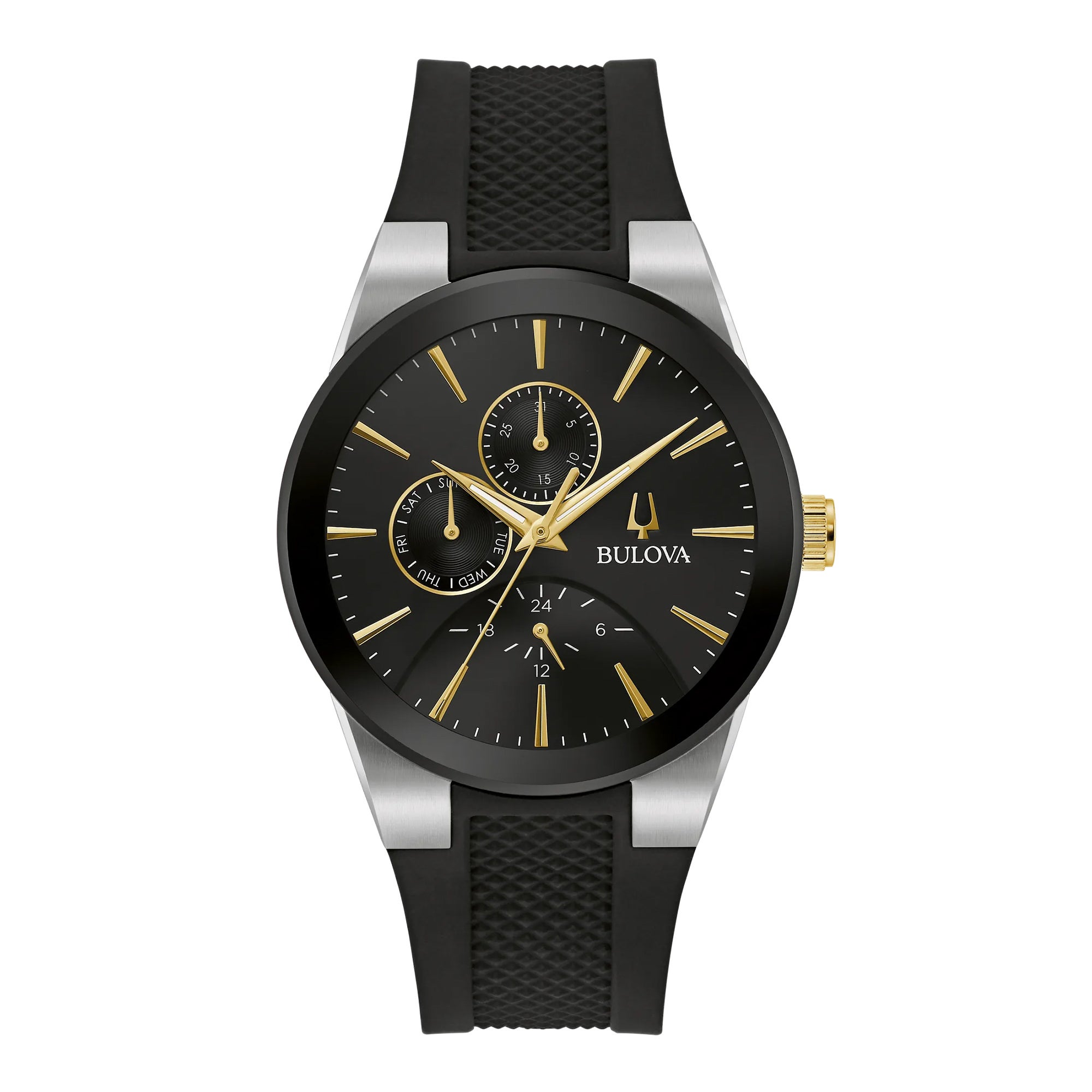 Mens Millennia Multifunction Gold-Tone & Black Silicone Strap Black Dial