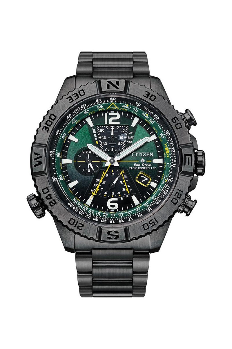 Mens Promaster Navihawk A-T Eco-Drive Gray IP Watch Green Dial