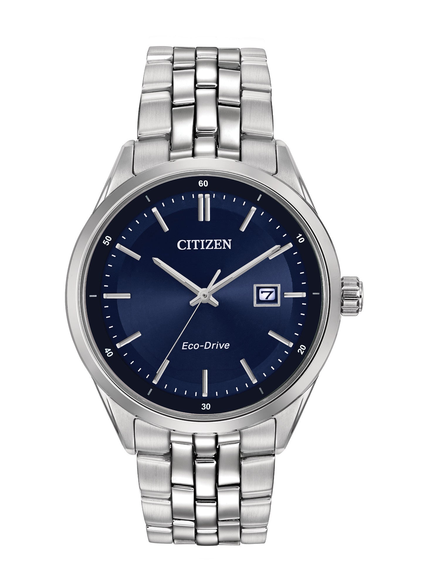 Men's Adysen Eco-Drive Silver-Tone Stainless Steel Watch, Navy Dial