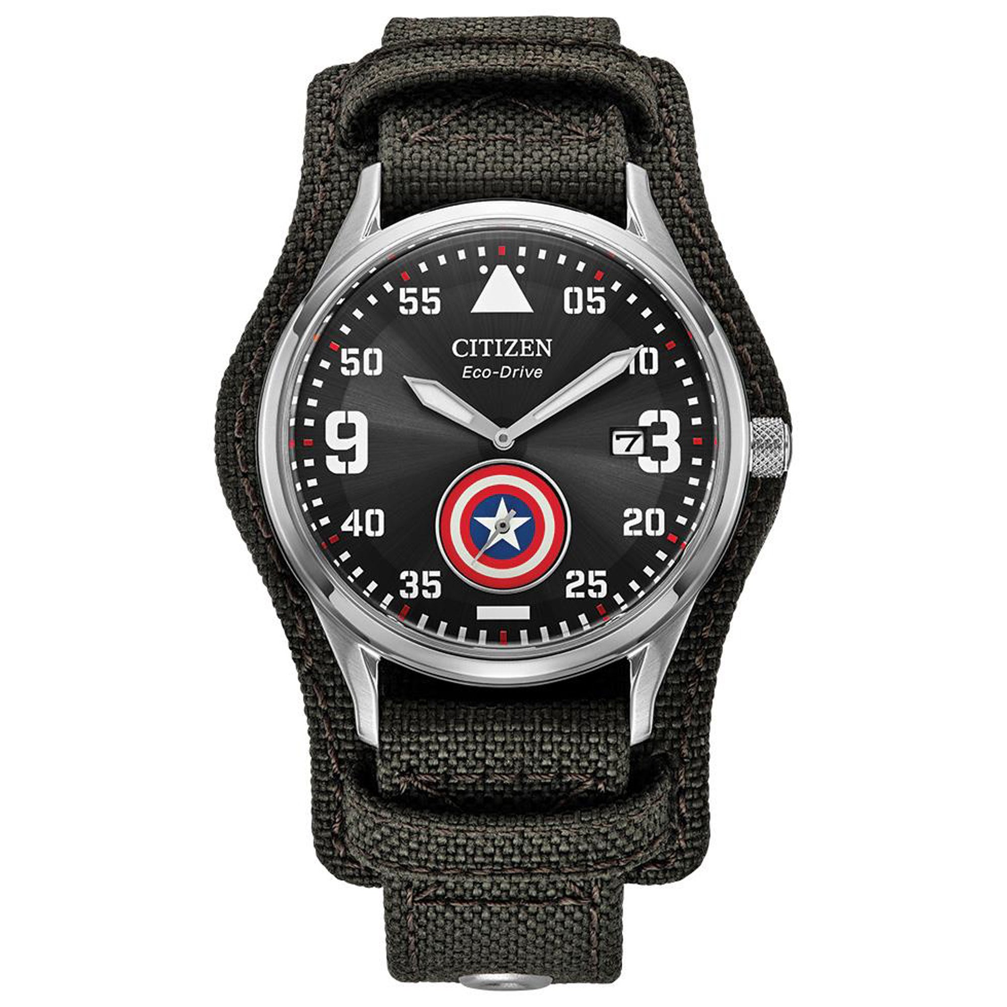Men's Captain America Forever Eco-Drive Gray Cordura Strap Watch, Black Dial
