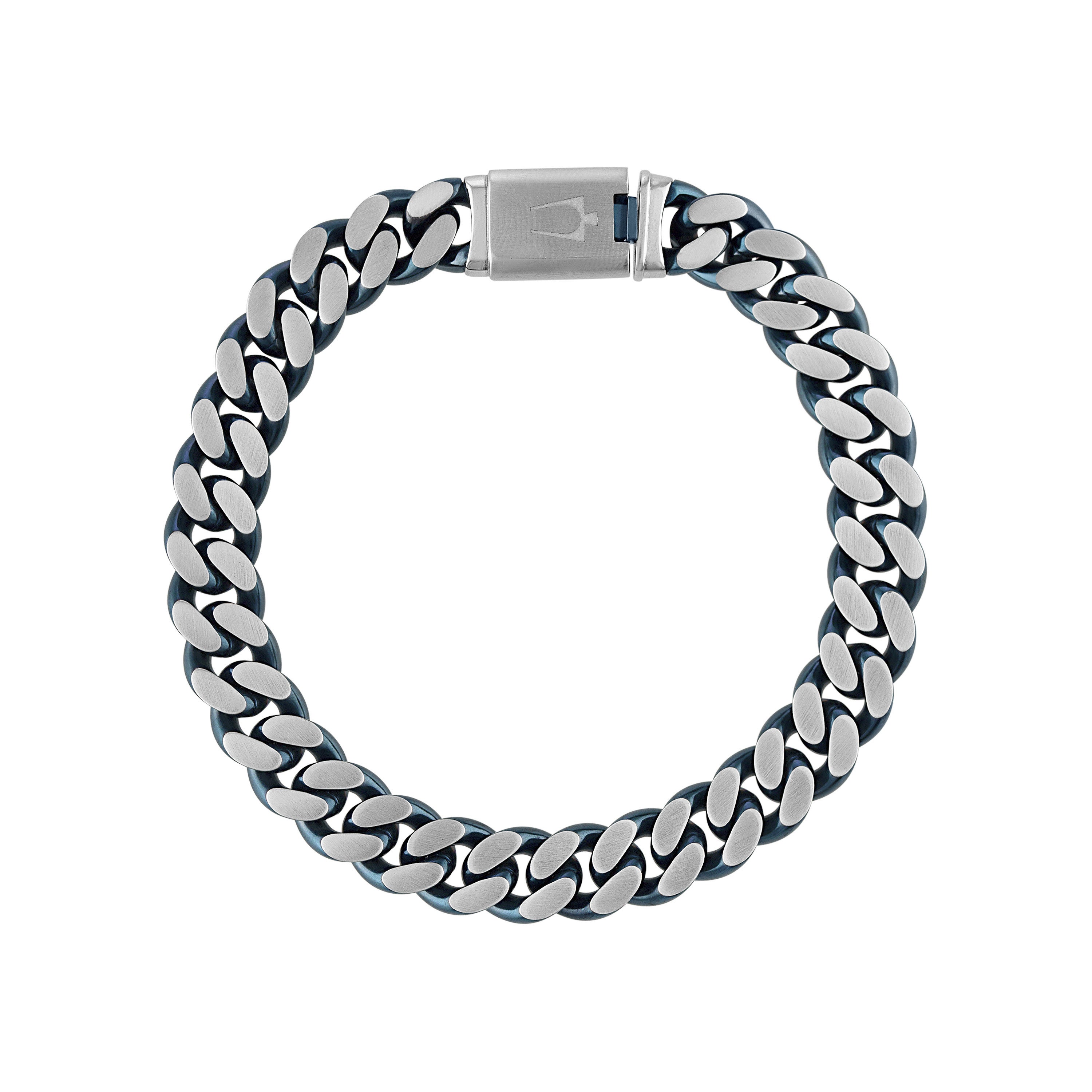 Classic 10mm Curb Silver-Tone Stainless Steel & Blue Bracelet 8"