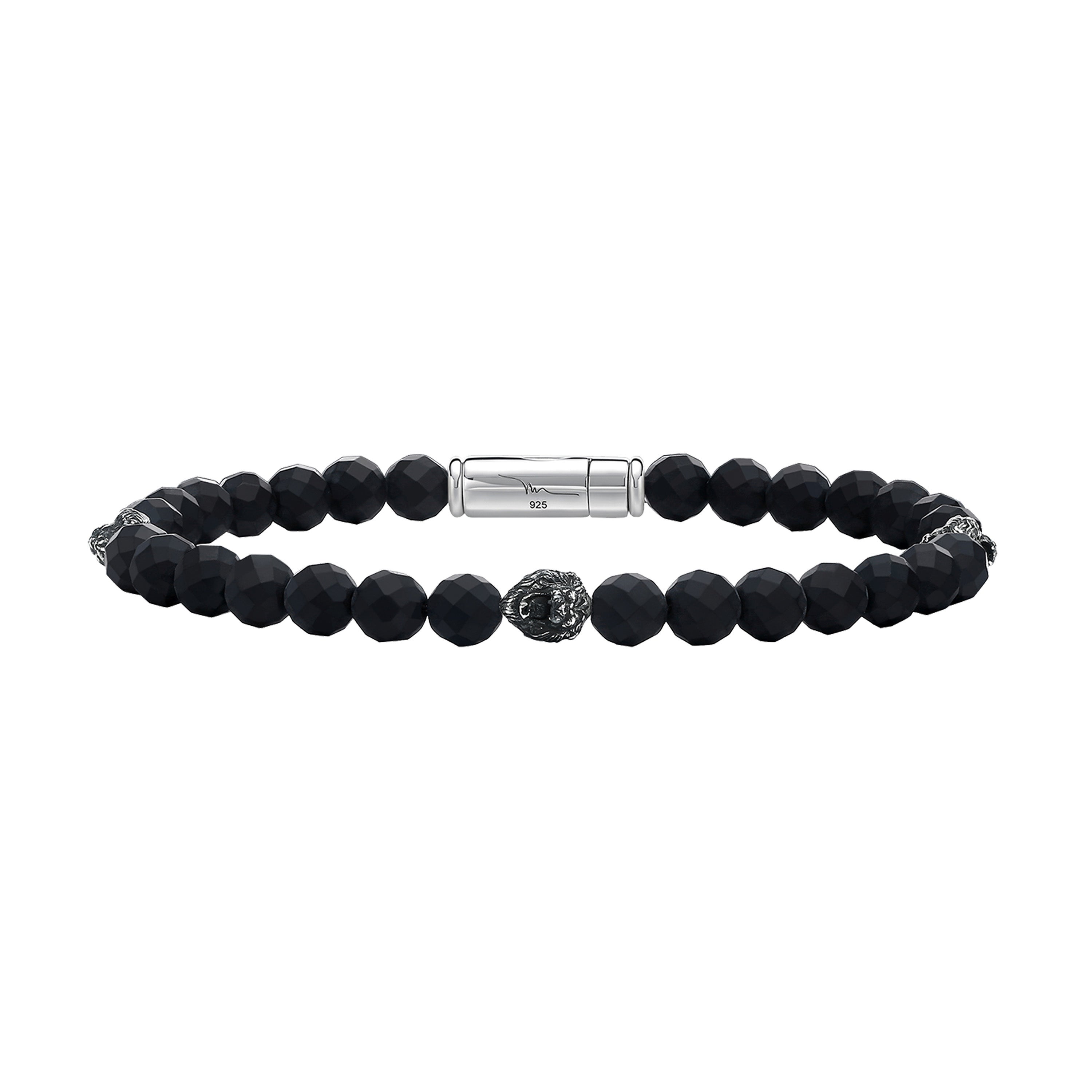 Mark Anthony Lions Head Black Onyx & Sterling Silver Beaded Bracelet 8.5"