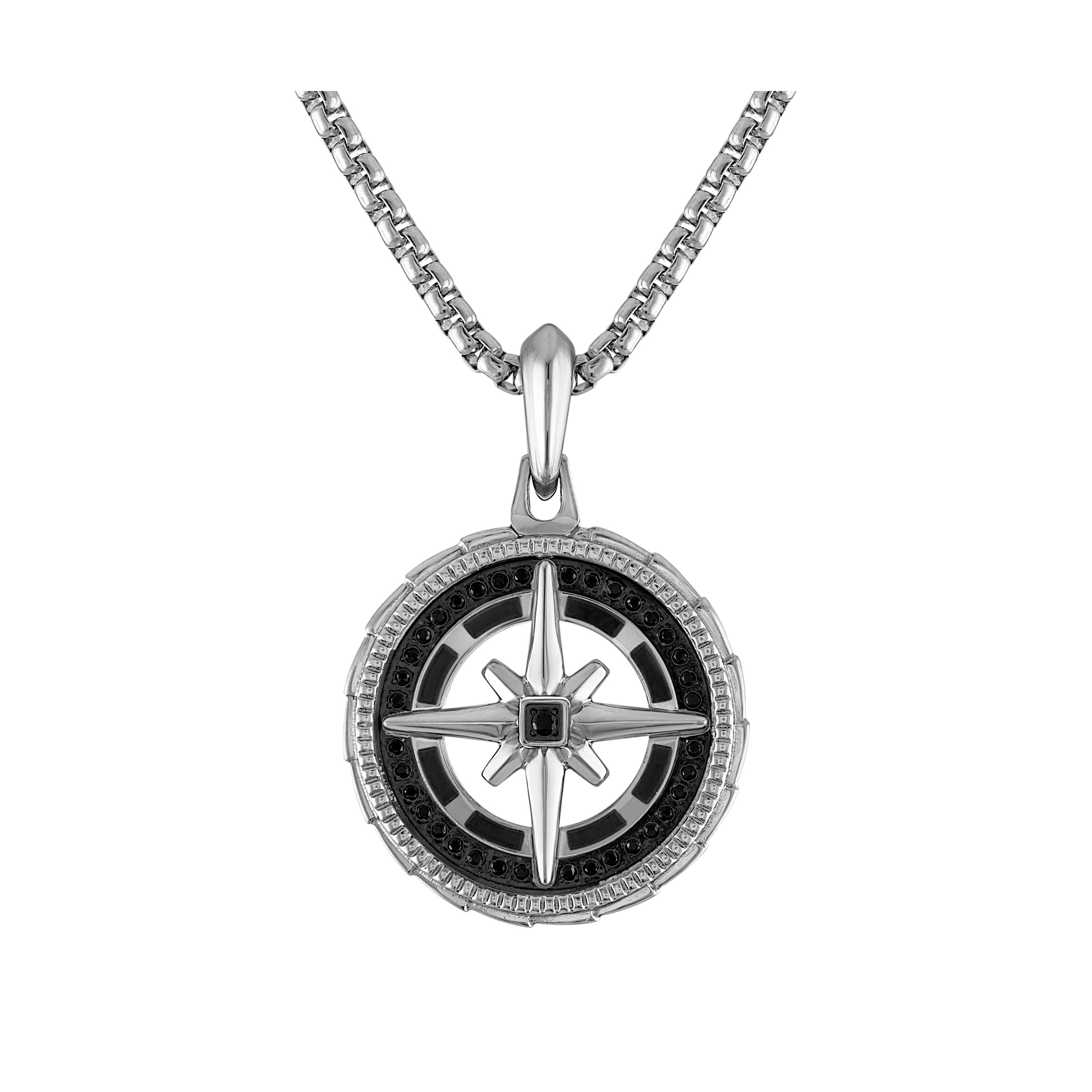 Marine Star Stainless Steel & Black Diamond Compass Pendant Necklace 24"-26"