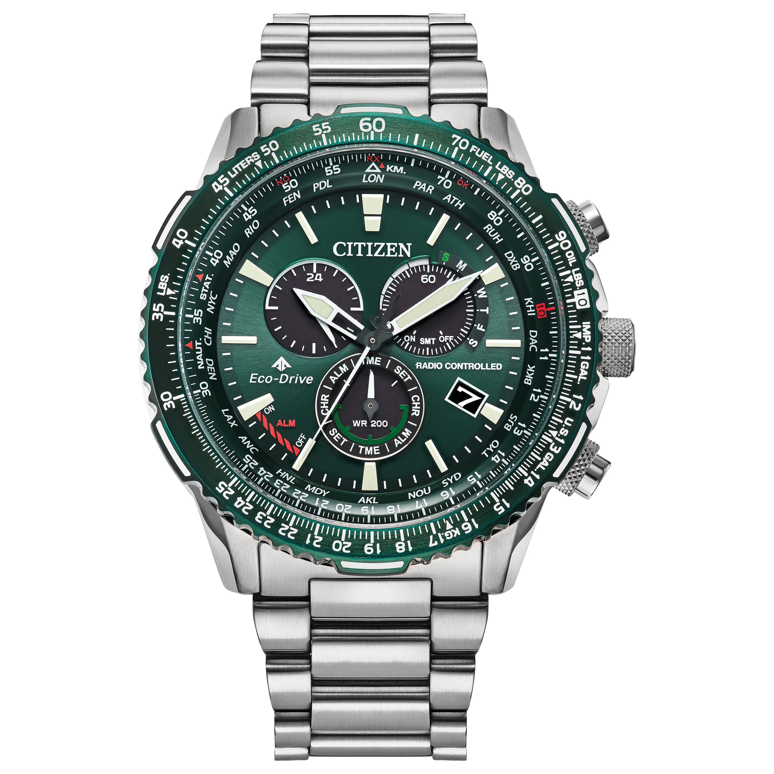 Men's Promaster Air A-T Eco-Driver Silver-Tone Stainless Steel Watch, Green Dial