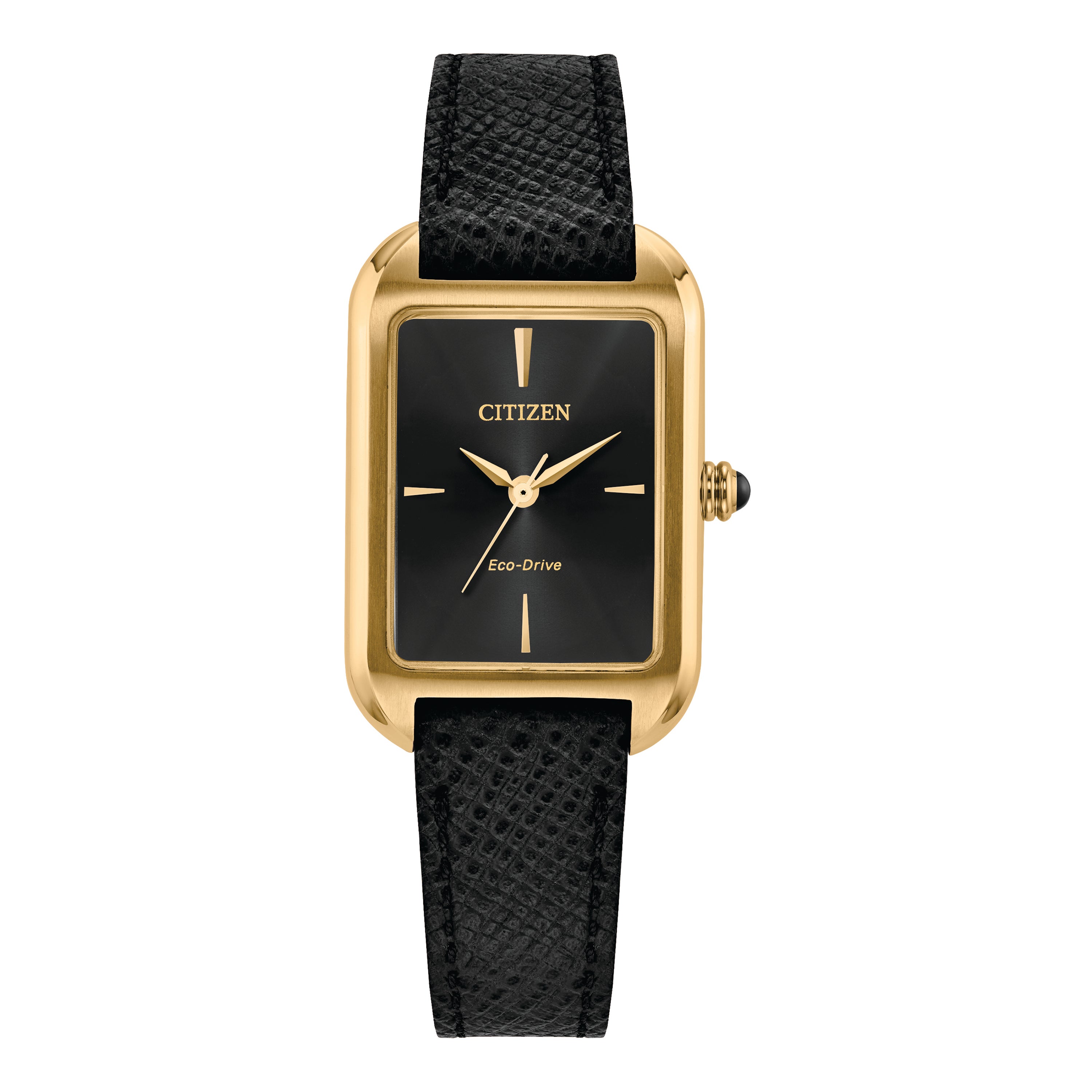 Ladies Dress Classic Eco-Drive Black Leather Strap Rectangle Watch Black Dial