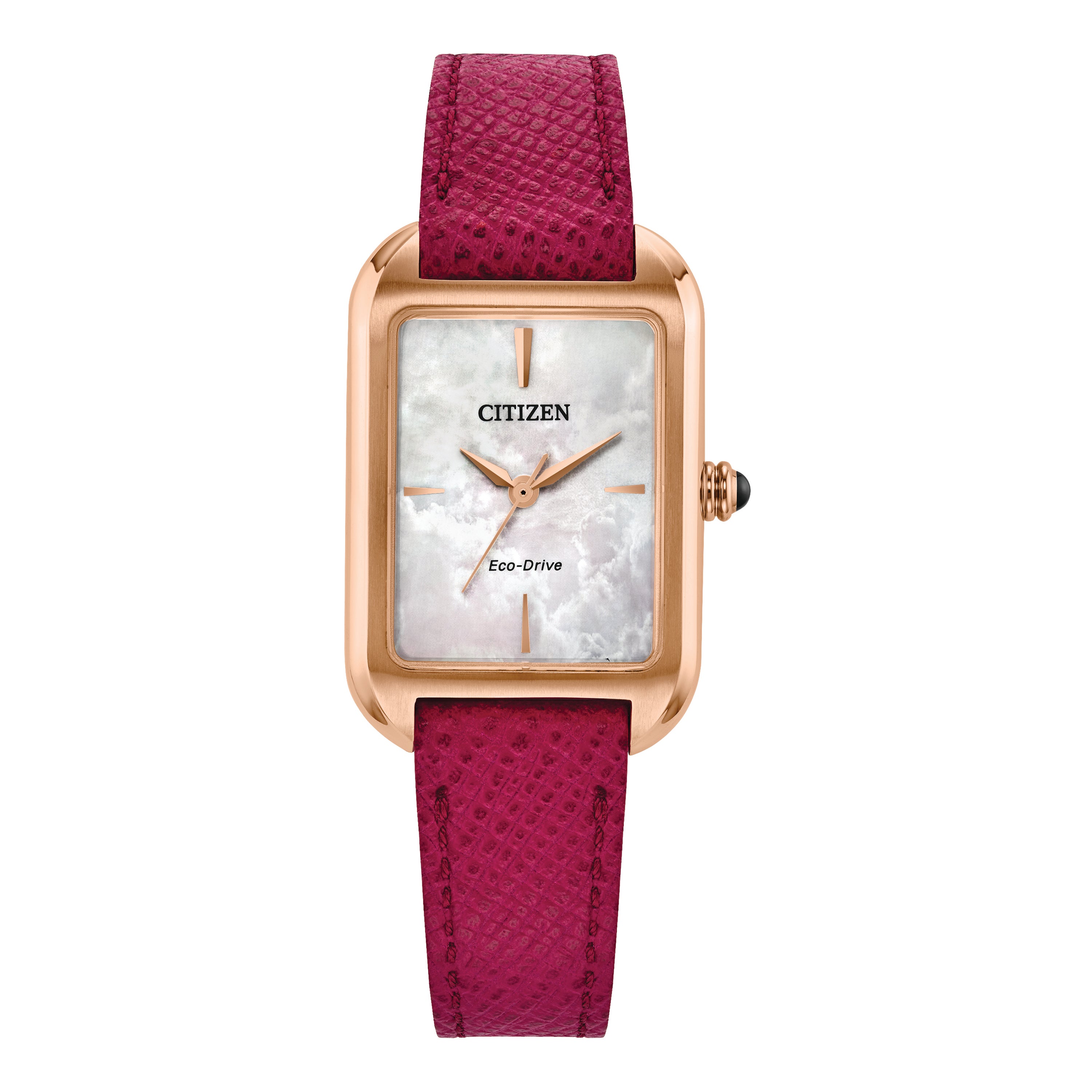 Ladies Dress Classic Eco-Drive Pink Leather Strap Rectangle Watch MOP Dial