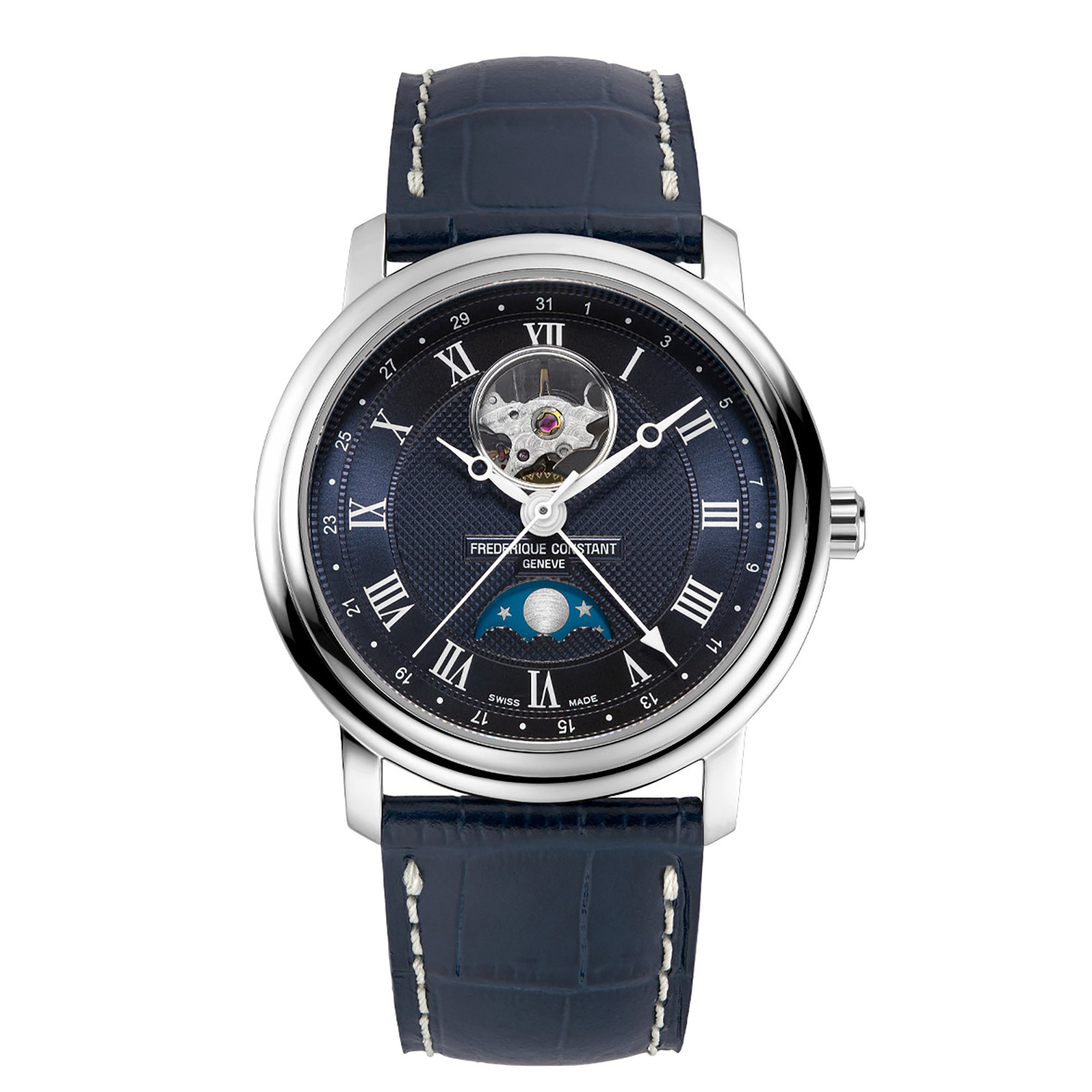 Men's Classic Heart Beat Moonphase Date Navy Leather Strap Watch, Navy Dial