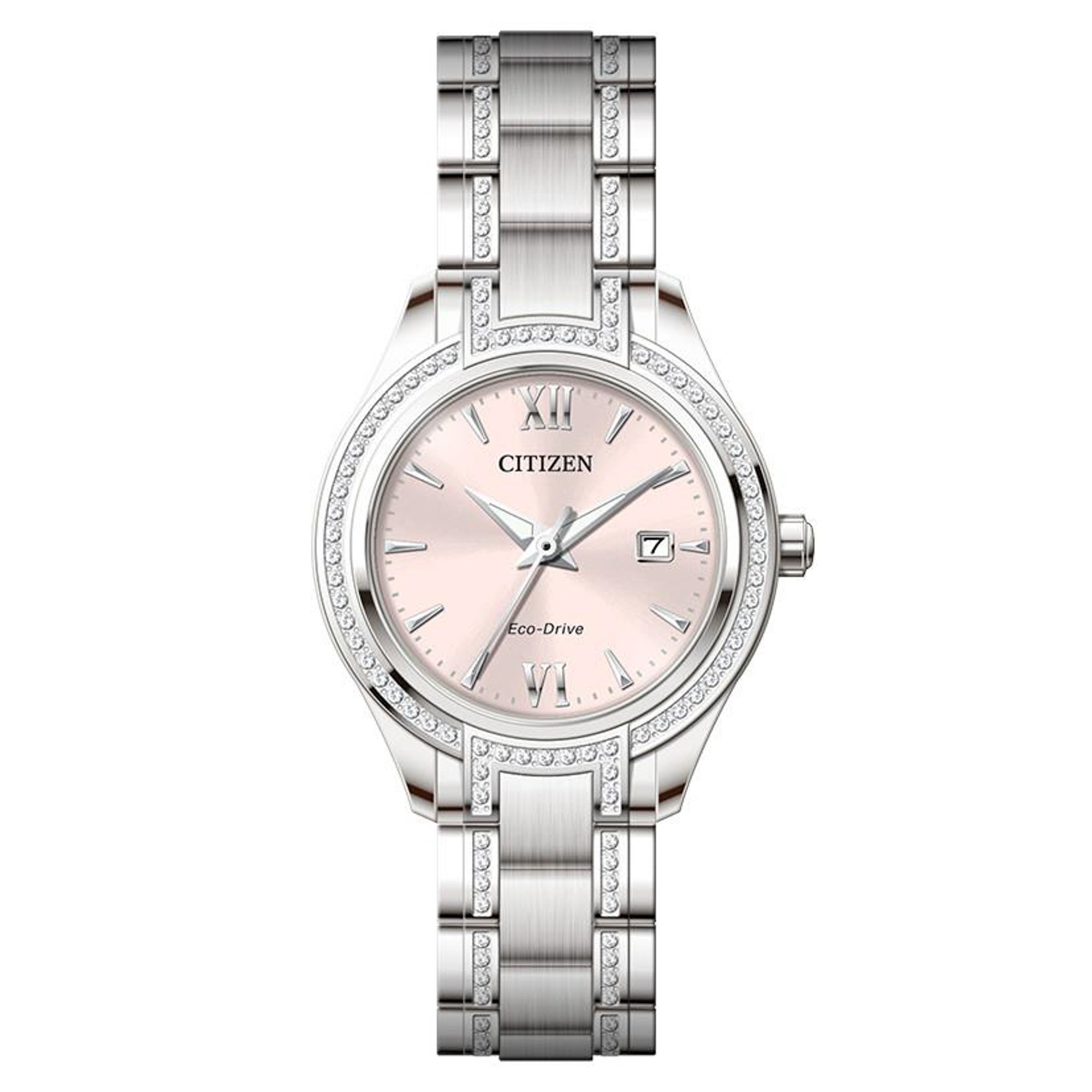 Ladies' Silhouette Crystal Eco-Drive Silver-Tone Stainless Steel Watch, Pink Dial