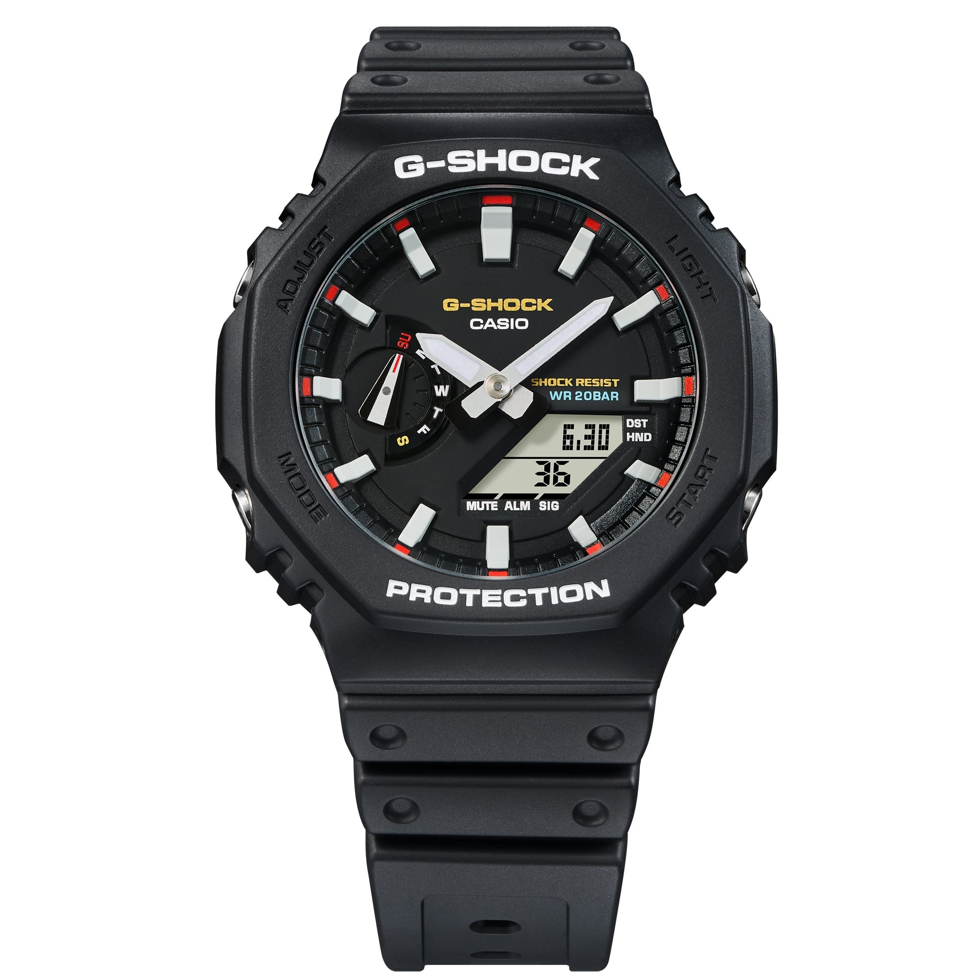Mens 2100 G-Shock Octagon Slim Ana-Digi Black Resin Watch Black/Red Dial