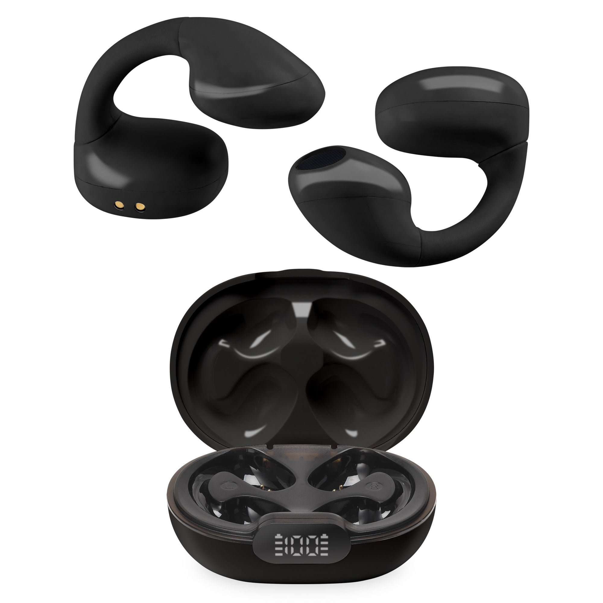 Truly Wireless Open Ear Clip Earbuds w/ Charging Case Black