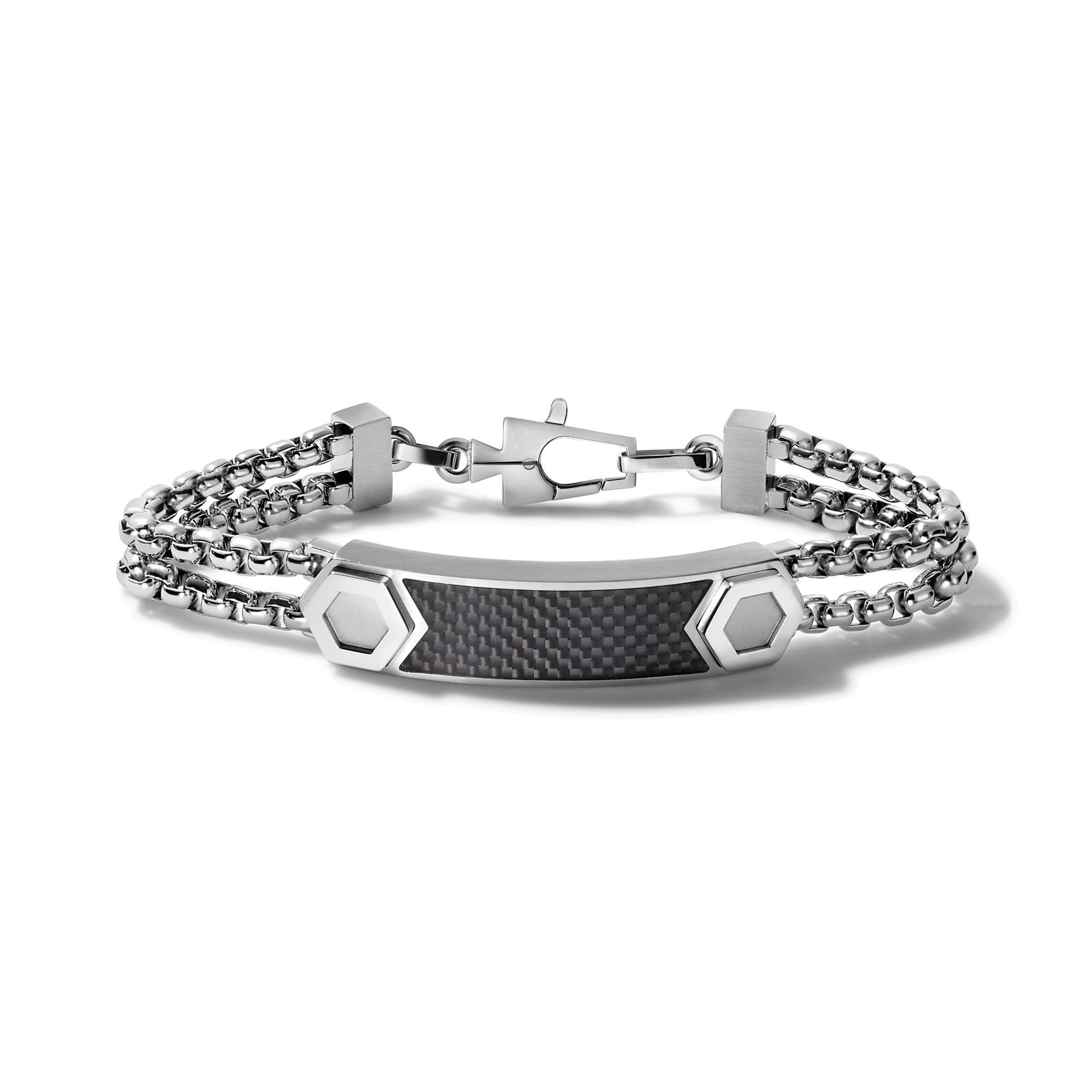 Precisionist Stainless Steel Double Chain ID Bracelet w/ Carbon Fiber - Large