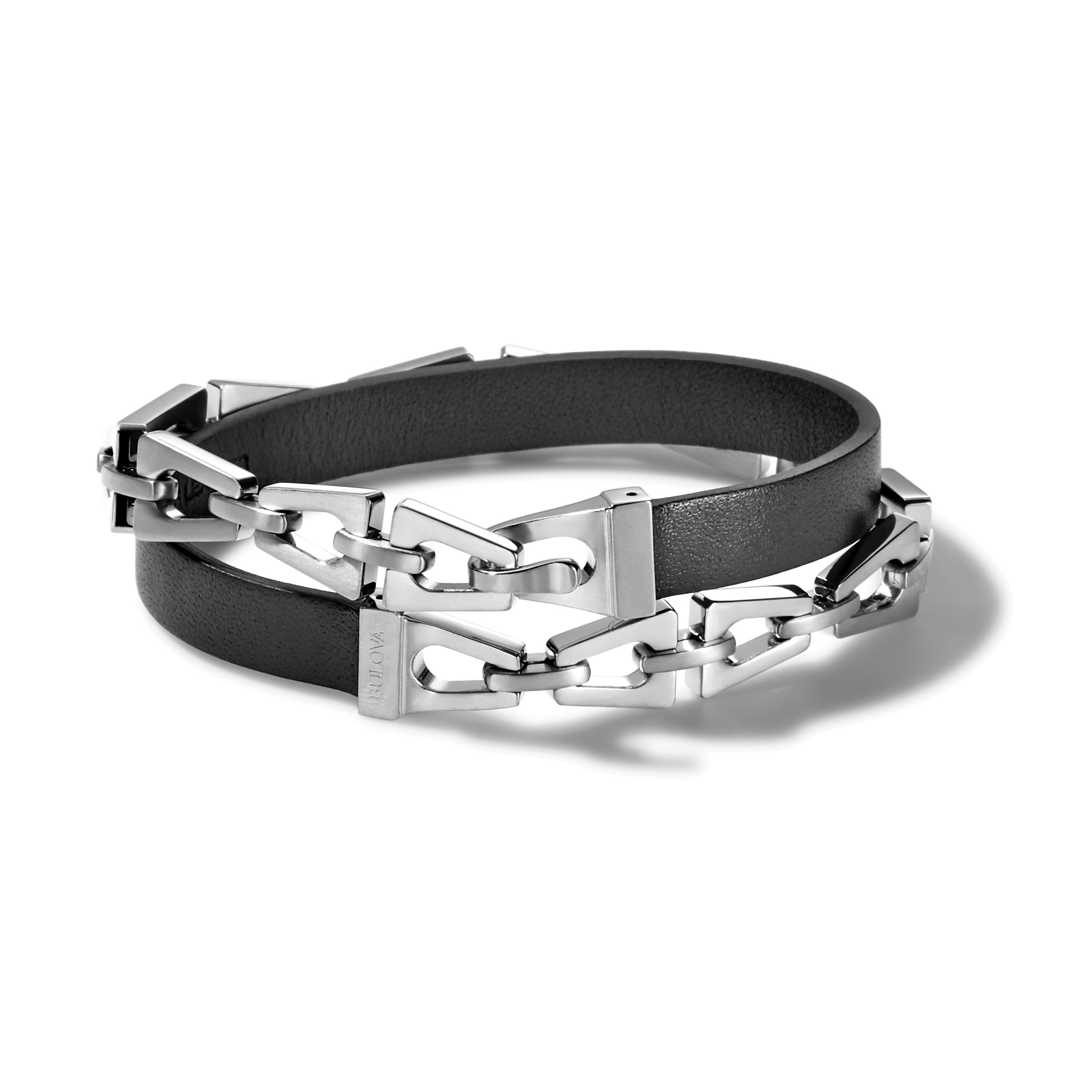Classic Black Leather & SS Tuning Fork Double Wrap Bracelet - Medium