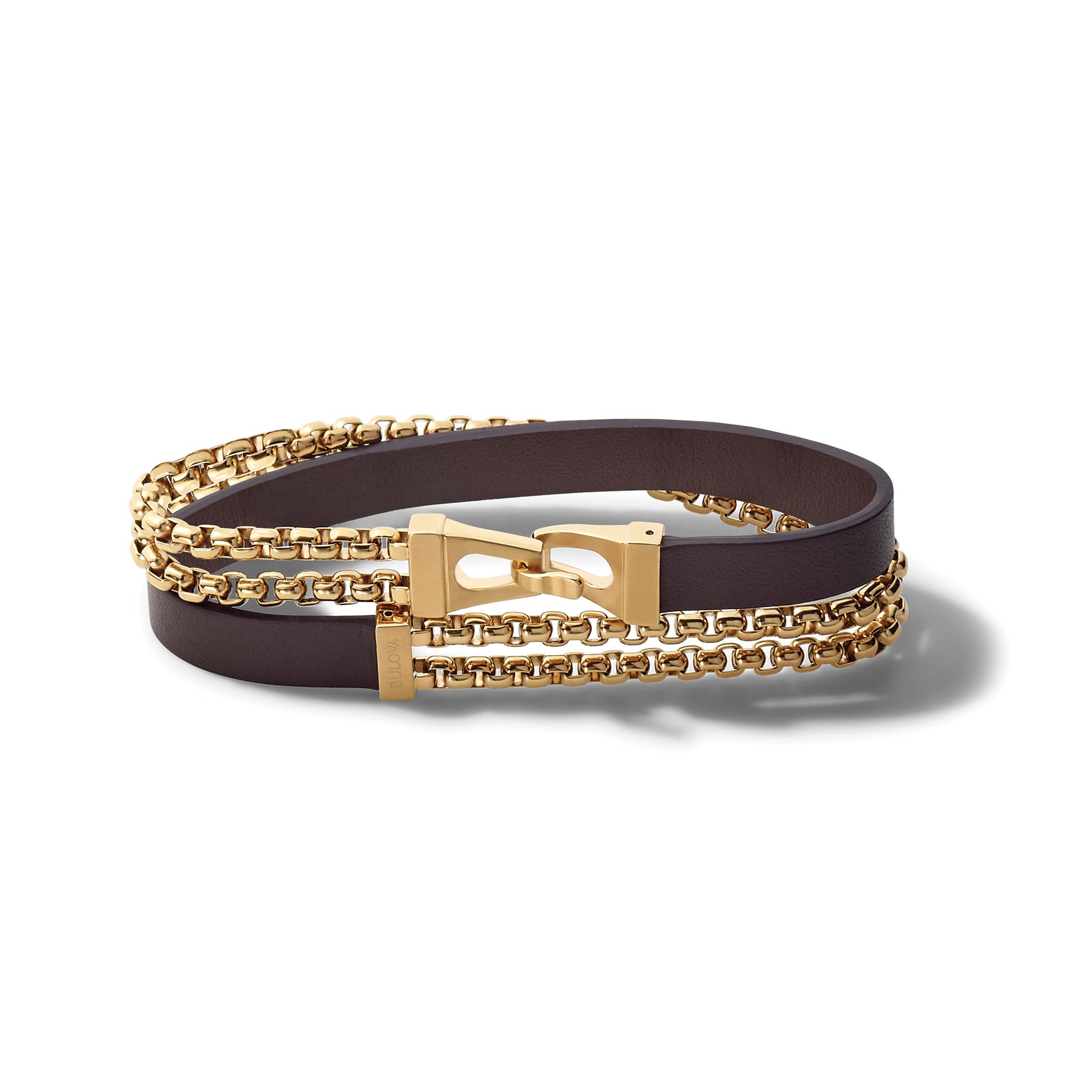 Classic Brown Leather & Gold Box Link Chain Double Wrap Bracelet - Large