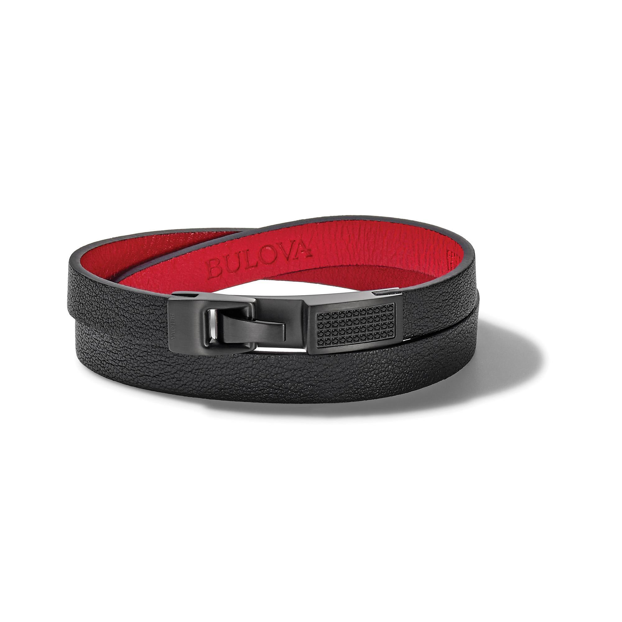 Precisionist Black/Red Leather & Black Diamond Double Wrap Bracelet - Large
