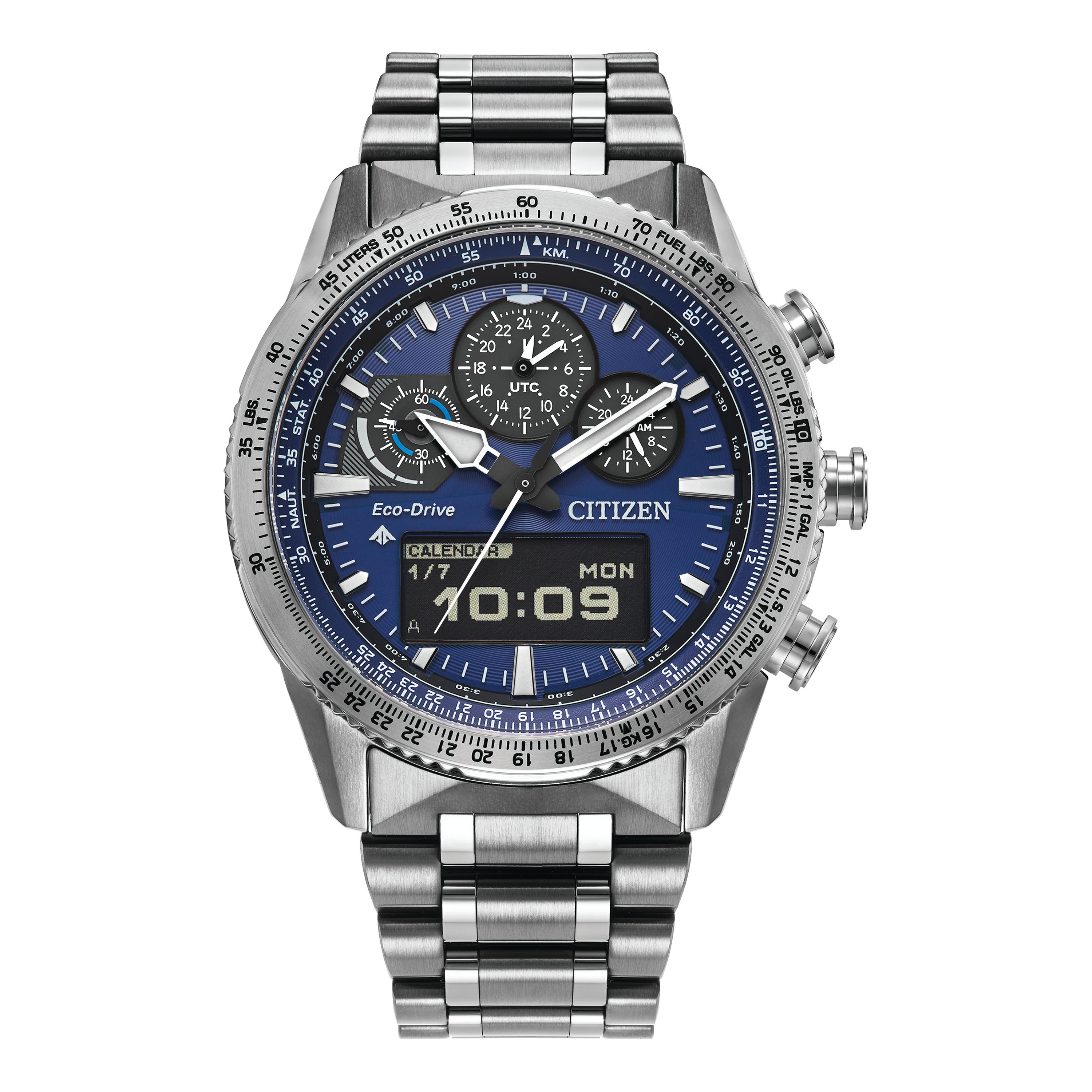 Mens Promaster Skyhawk U830 Chronograph Silver-Tone SS Watch Blue Dial
